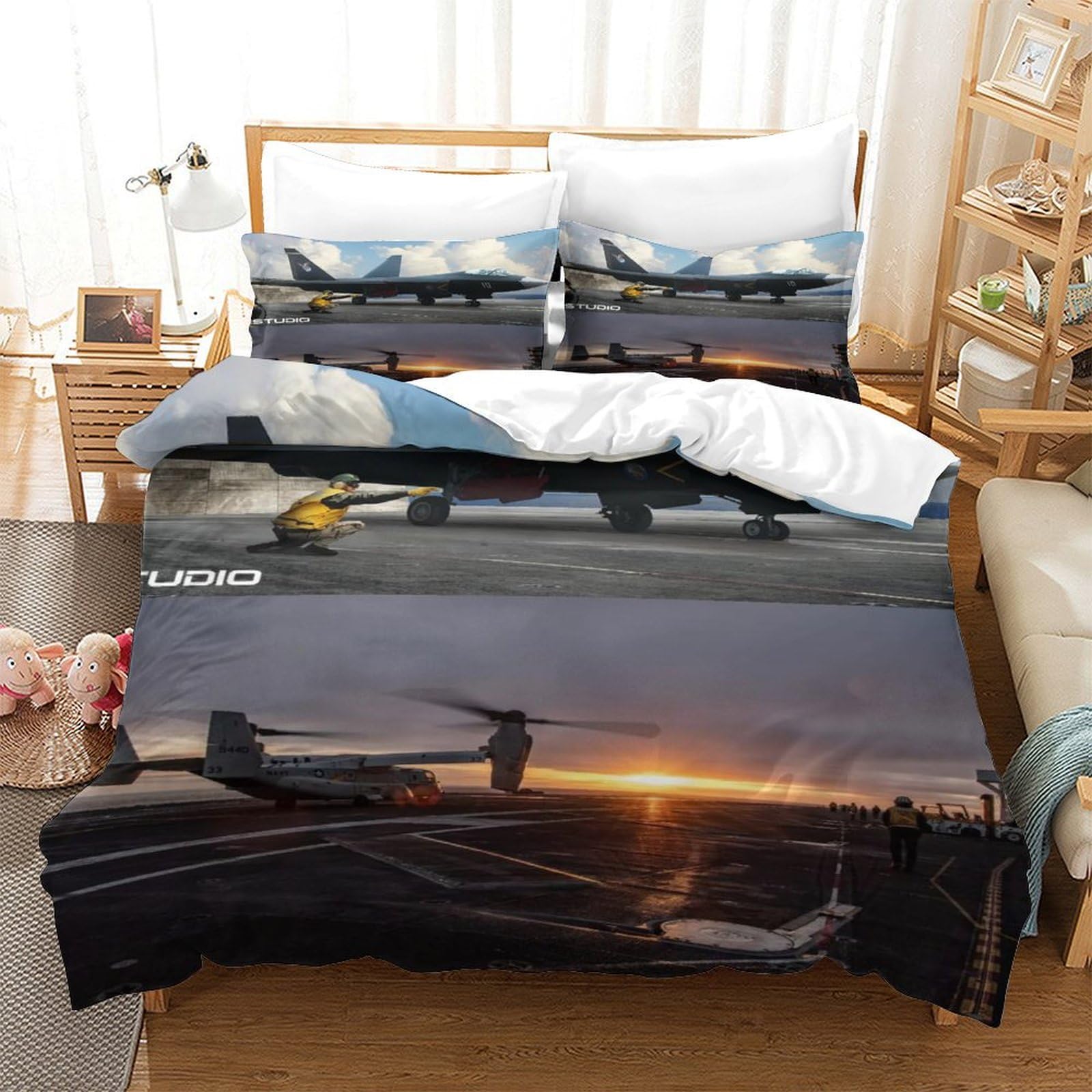 DAFUfbw Fighter Aircraft Warmth Quilt Cover Set Hidden Zipper Duvet Cover Set with Pillowcases Jets Bedding Set Soft Microfiber Comforter Cover Various Sizes for Kids Adults King（220x240cm）