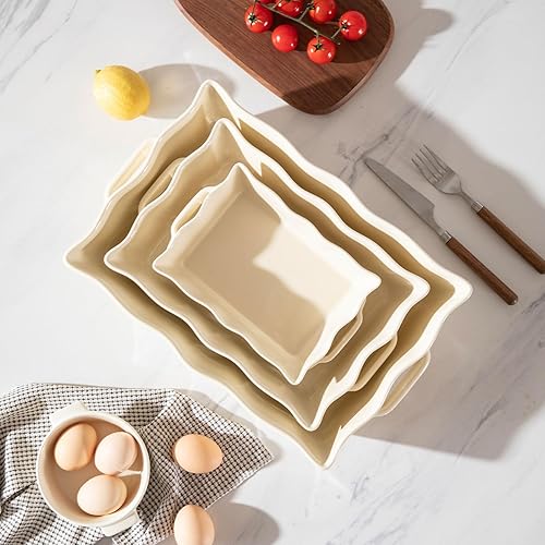 Miniatura 4 de Sweejar Fuentes para Horno, Juego de Utensilios de Cerámica para Hornear de 3 Piezas, Fuente Rectangular para Hornear con Asas, Molde para Lasaña de