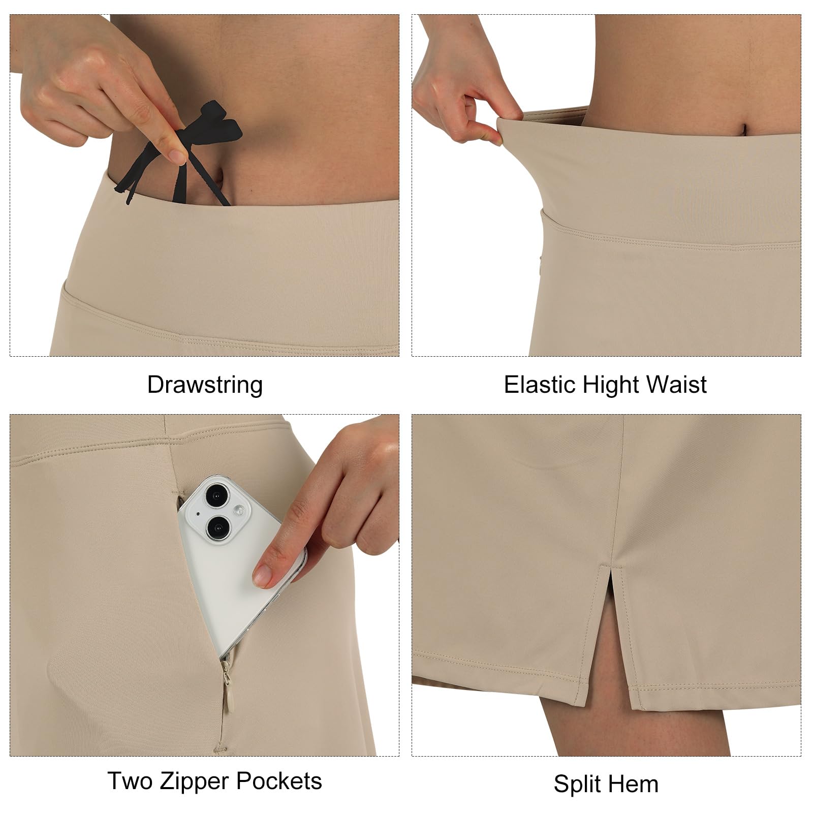 beroy Falda pantalón Larga de 28 Pulgadas para Mujer con 2 Bolsillos, Falda Modesta con Pantalones Cortos Debajo de Faldas largas de Cintura Alta, Caqui, XXL