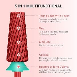 MelodySusie Super Cut Edition 5 in 1 Nail Drill Bits, 3/32\'\' Carbide Tungsten Multi-function Bits, Suitable for Manicure Pedicure Cuticle Gel Polishing, Red, Series Bit-M, C