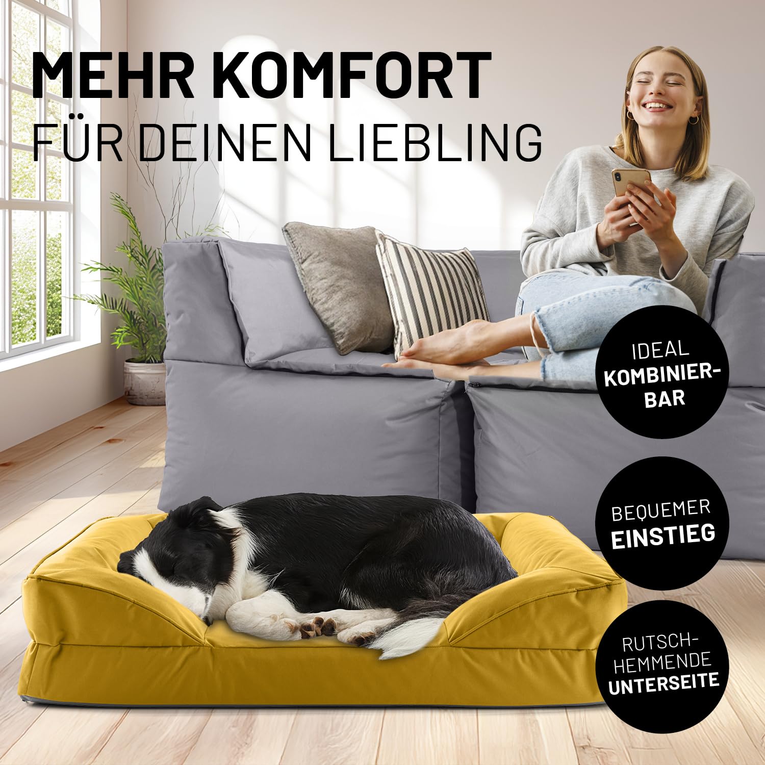 Lumaland orthopädisches Hundebett Outdoor & Indoor | ergonomisches Hundesofa 90x65 cm - ideal für mittelgroße Hunde | Boden rutschfest | Füllung und Bezug waschbar | Hundekörbchen wasserfest