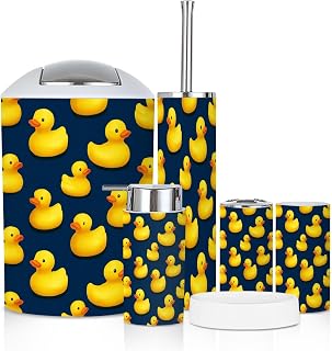 Bathroom Accessory Set 6PCS Ducks Trash Can, Soap Dispenser, Toothbrush Holder, Toothbrush Cup, Toilet Brush Holder, Soap Dish for Gift