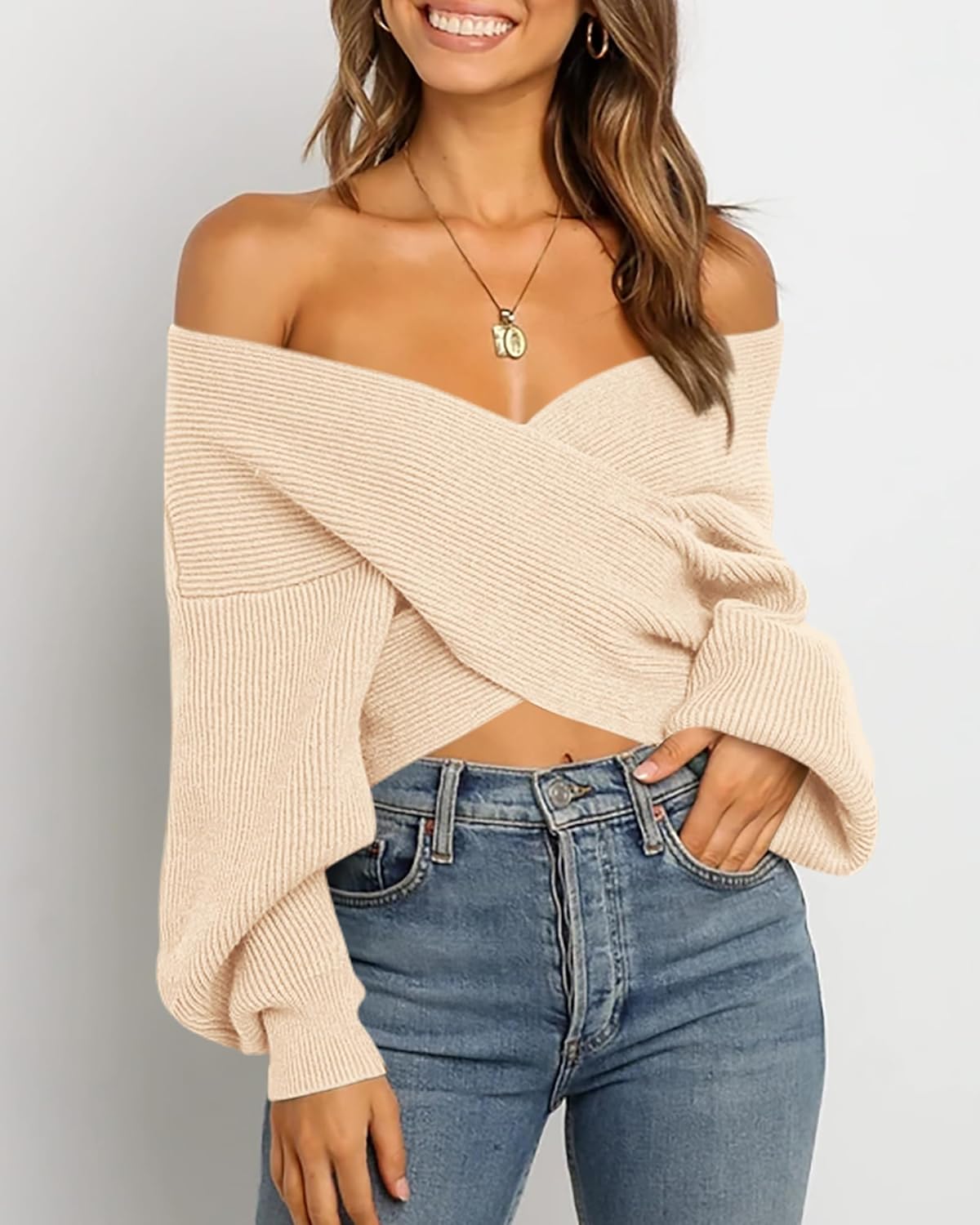 BTFBM Off The Shoulder Sweater for Women Winter Fall Fashion 2026 V Neck Long Sleeve Ribbed Knit Wrap Cropped Sweaters