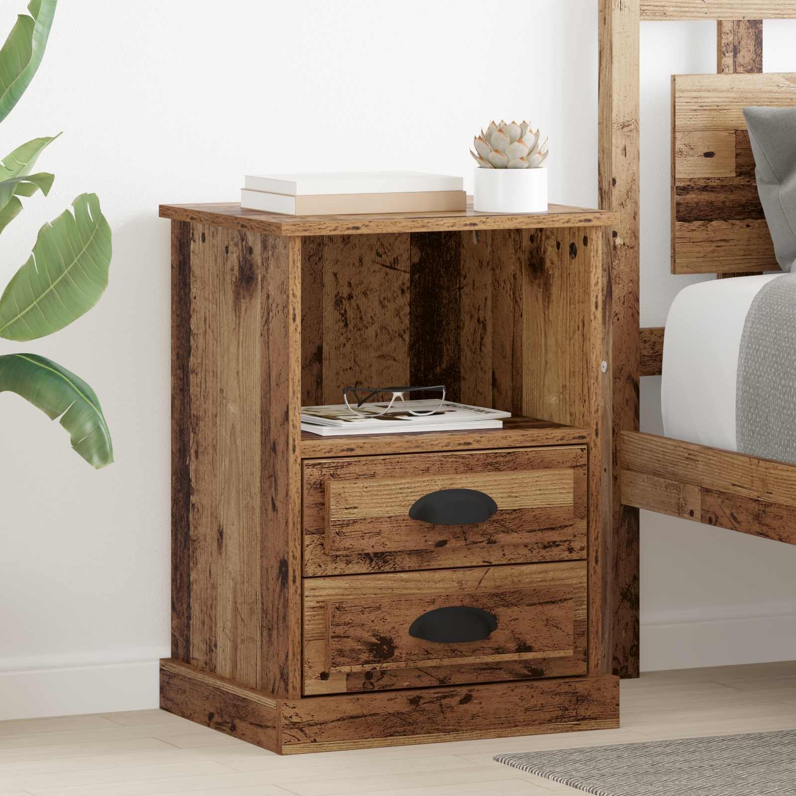 Table de chevet avec tiroirs pour salon et meuble de rangement compact bois vieilli