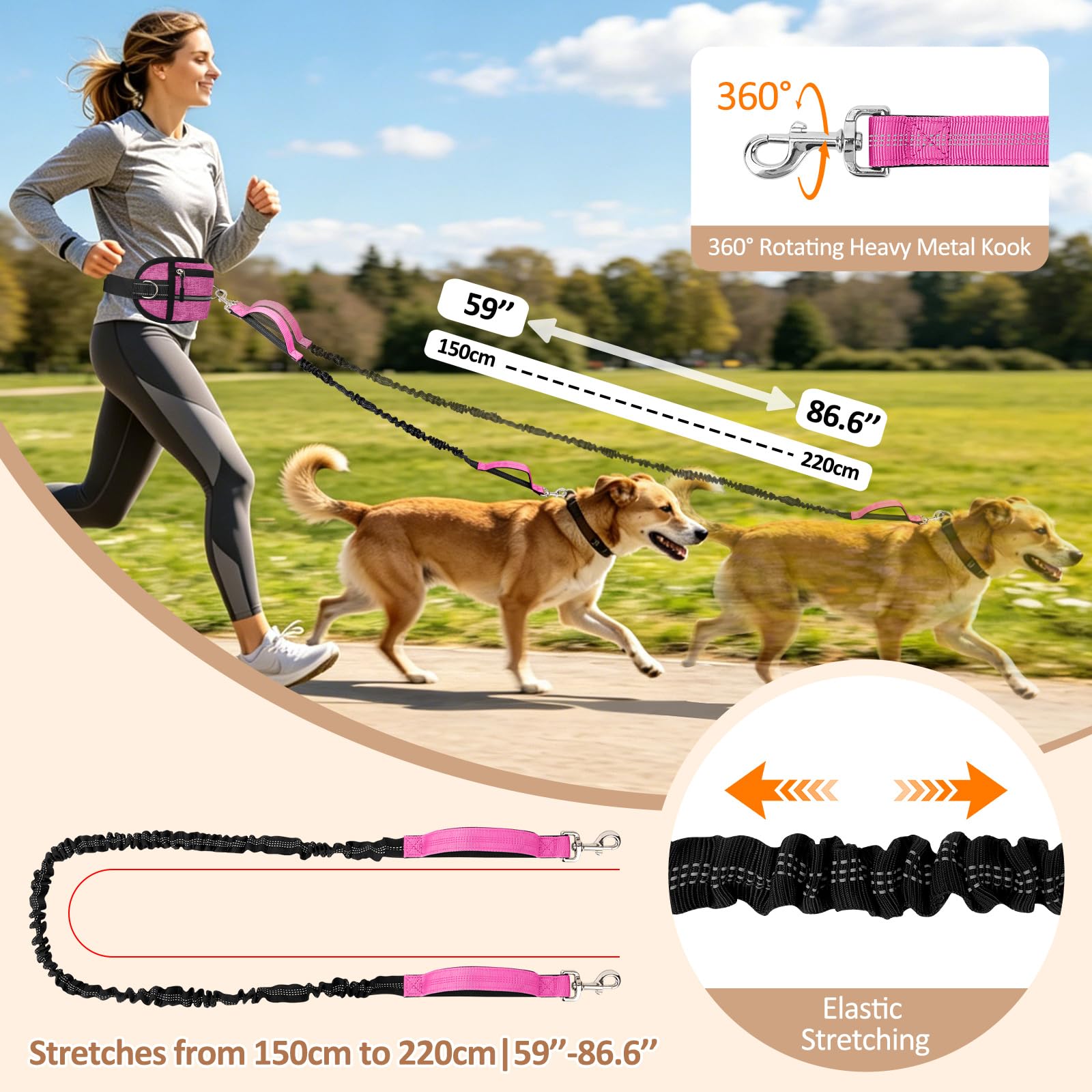 Riñonera Paseo Perro con Correa Manos Libres Elástica, Cinturón Ajustable con Bolsillo, Correa Elástica Desmontable 1.5-2.2m, Cinturón Ajustable y Costuras Reflectantes, Rojo Rosado