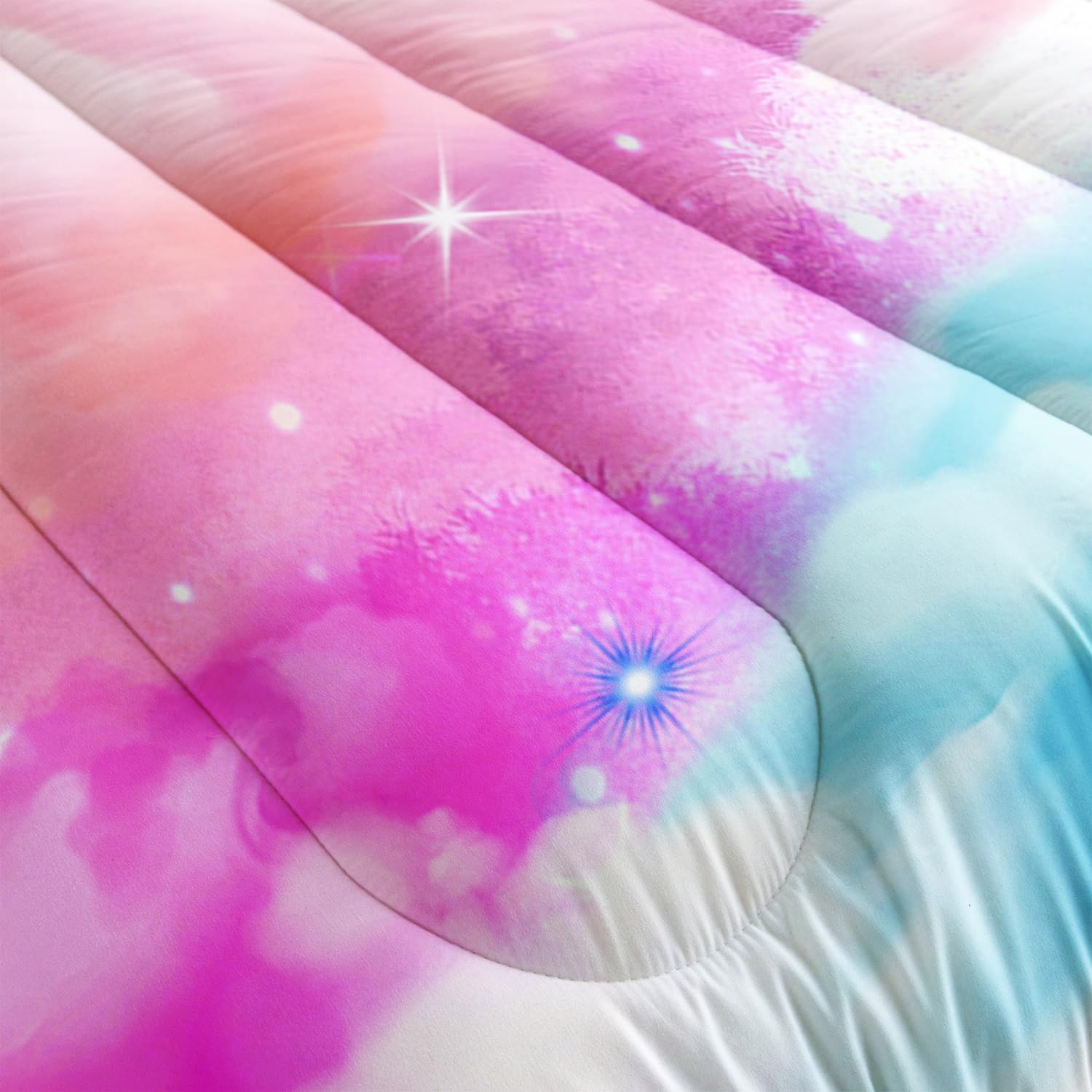 Rainbow Bedding Set, Pink Blue Cloud Sky 3D Digital Printing Comforter Set with 1 Queen Size Comforter and 2 Pillowcases