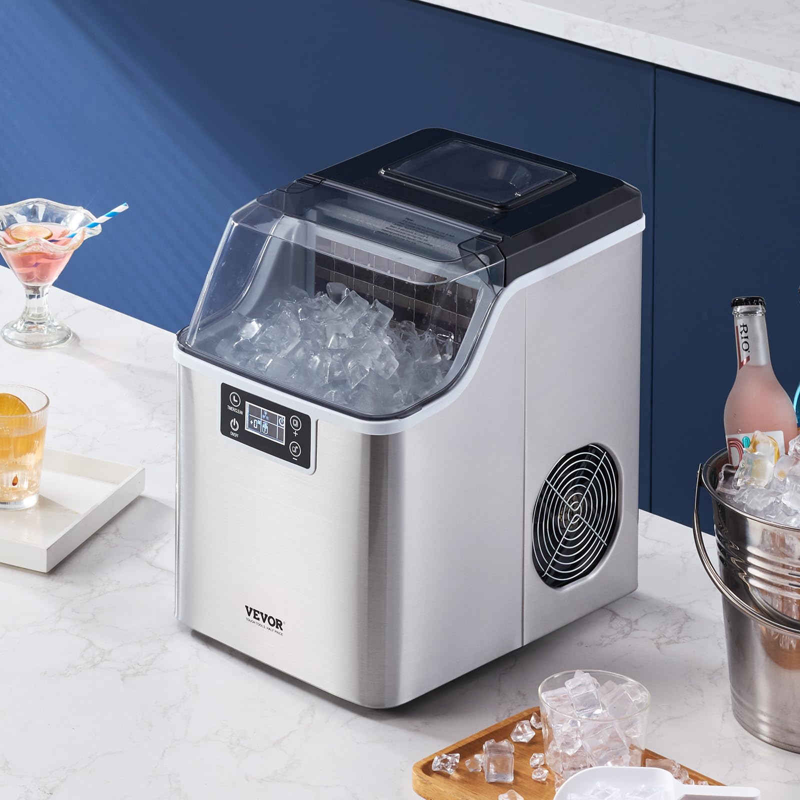 VEVOR Macchina per il ghiaccio da appoggio, 24 cubi in 15 minuti, 20,4 kg in 24 ore, autopulente, portatile, con paletta e cestino