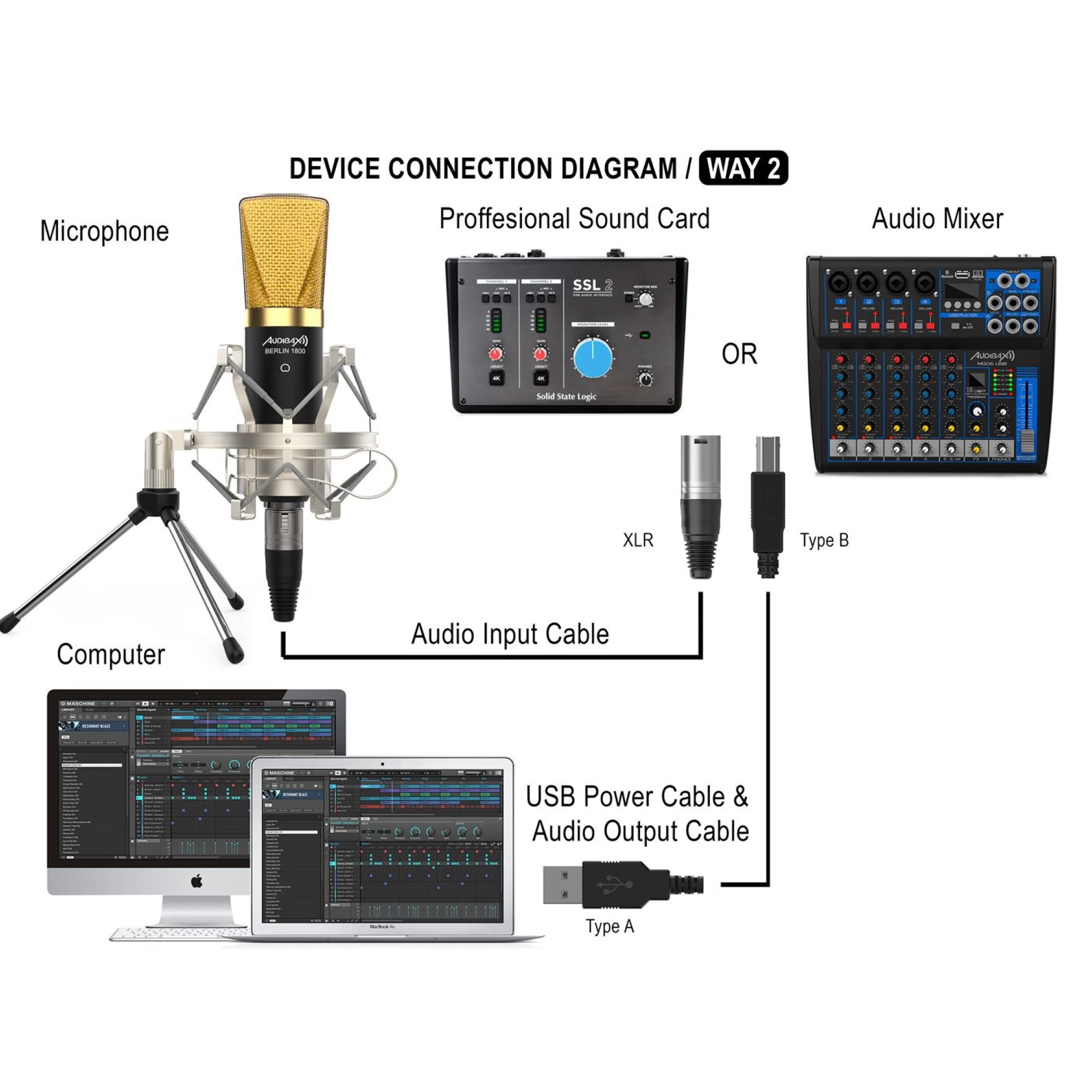 Audibax Berlin 1800 Gold Pack Micrófono Studio Gran Diafragma
