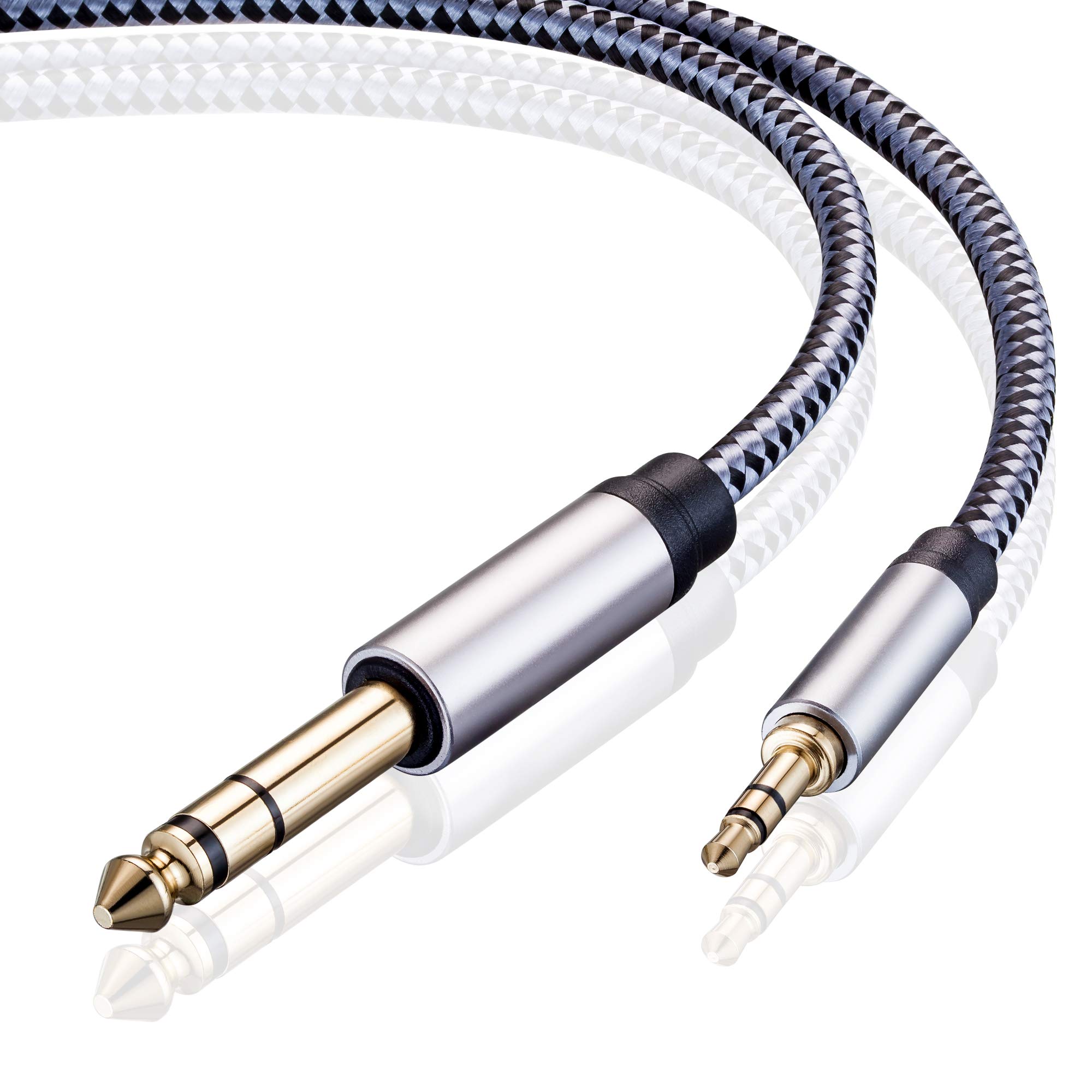 3.5mm to 6.35mm Stereo Audio Cable 6Ft, Gold-Plated Terminal Silver Color Zinc Alloy Housing 3.5mm 1/8" Male TRS to 6.35mm 1/4" Male TRS Nylon Braided Stereo Audio Cable for iPhone, Amplifiers (6Ft)