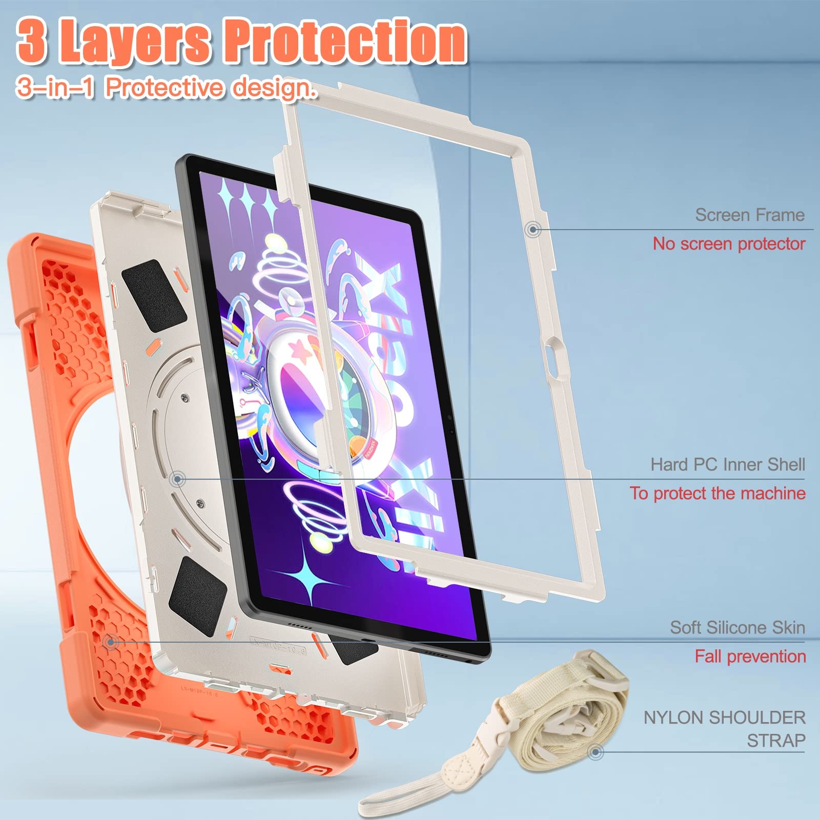 Custodia per Tablet PC Custodia in TPU antiurto Compatible with impieghi gravosi compatibile con Lenovo Tab M10 Plus 2022 10.6" TB-125F/128F, tracolla con impugnatura rotante, copertura protettiva ant