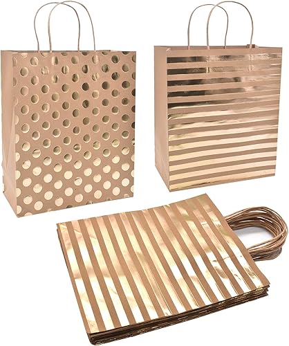 24 bolsas de regalo grandes de papel de aluminio dorado de 10 x 12 x 5 pulgadas color marrón kraft a granel con asas rayas y puntos recuerdos de