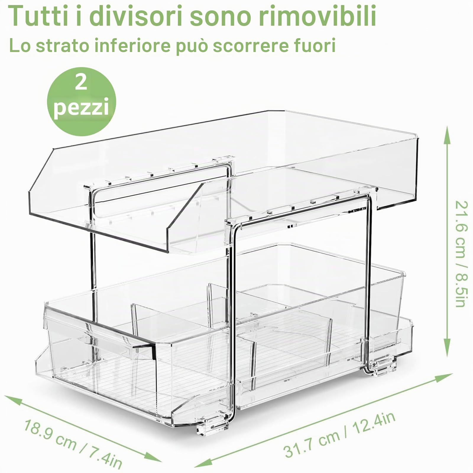 Polegas 2 organizer da cucina, armadietto da cucina, frigorifero, organizer multifunzione in acrilico con cassetto scorrevole, scaffale da cucina, sotto il lavandino, organizer per cosmetici