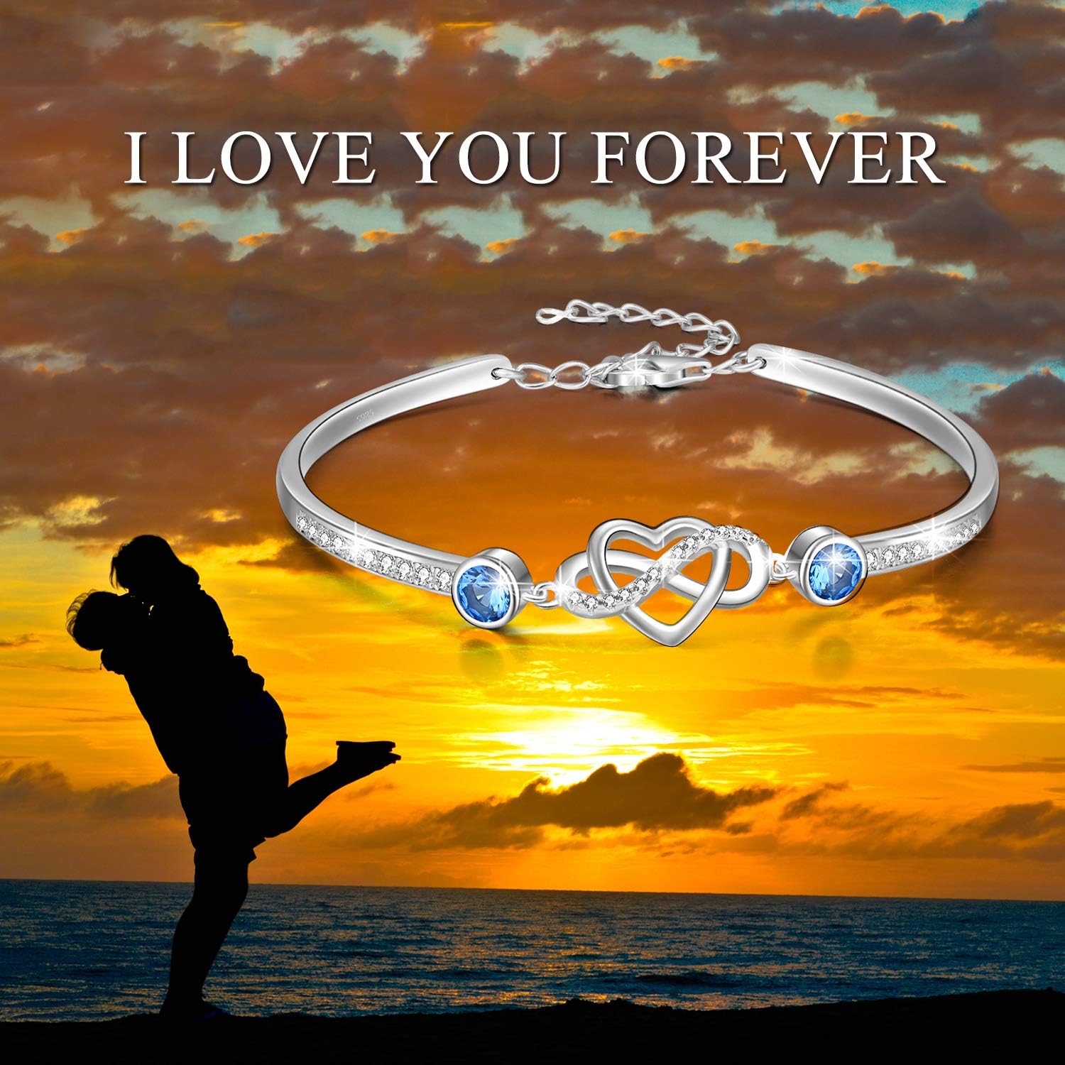 AOBOCO 925 Sterling Silver Infinity Endless Love Heart Birthstone Bangle Bracelet - I Love You Forever Series Adjustable 6-8 in Bracelet with Crystals from Austria Romantic Birthday Jewelry Gift for Women Wife Girlfriend - Image 4