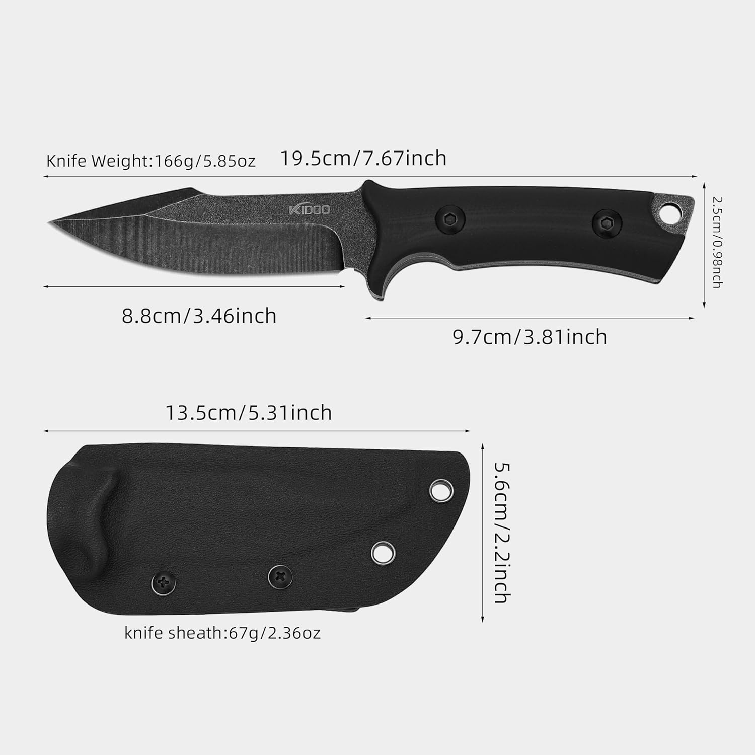 KIDOO Fixed Blade Knife Survival Knife Fixed Blade Knife with Kydex Sheath, 3.46" Blade 3cr15 Steel, Full Tang Knife with G10 Handle, Outdoor Hunting Camping Knives for Survival Hiking Bushcraft