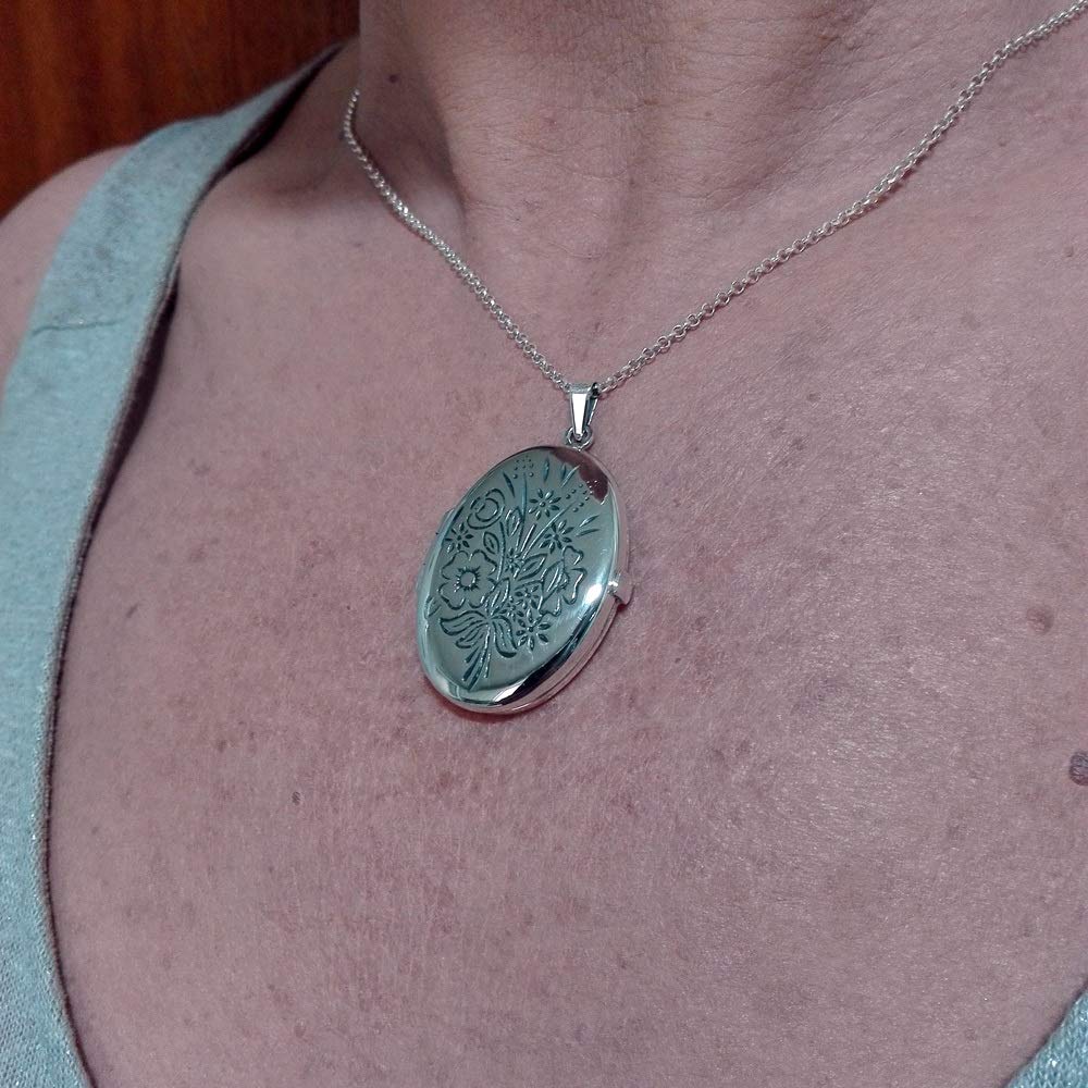 Collar Colgante Guardapelo de Plata De Ley para Mujer Oval con Flores - Incluye una Cadena de Plata de 45 cm y un Estuche para Regalo