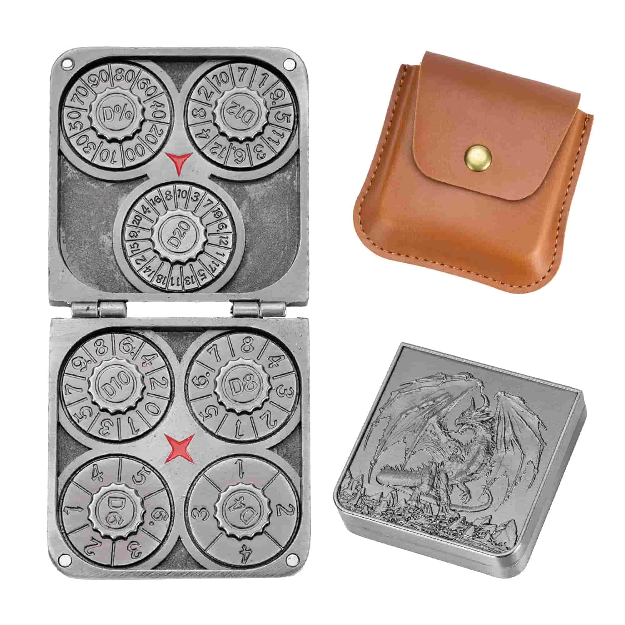 cusdie 7-in-1 Foldable Spinner Metal DND Dice Set including PU Leather Bag, Compact Design with D4, D6, D8, D10, D12, D20