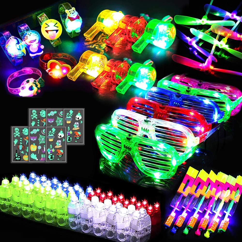 84 PCS Glow in the Dark Party Supplies for Kids Light up Party Favors Light Up Toys with Finger Lights, LED Bracelets, Flashing Glasses, Whistles Necklace, 6 Luminous Stickers, Slingshot Birthday Gift : Toys & Games