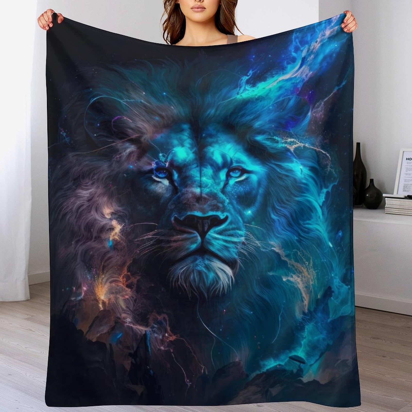 Couverture polaire Lion Céleste en flannel moelleuse 130x150 cm pour lit et canapé