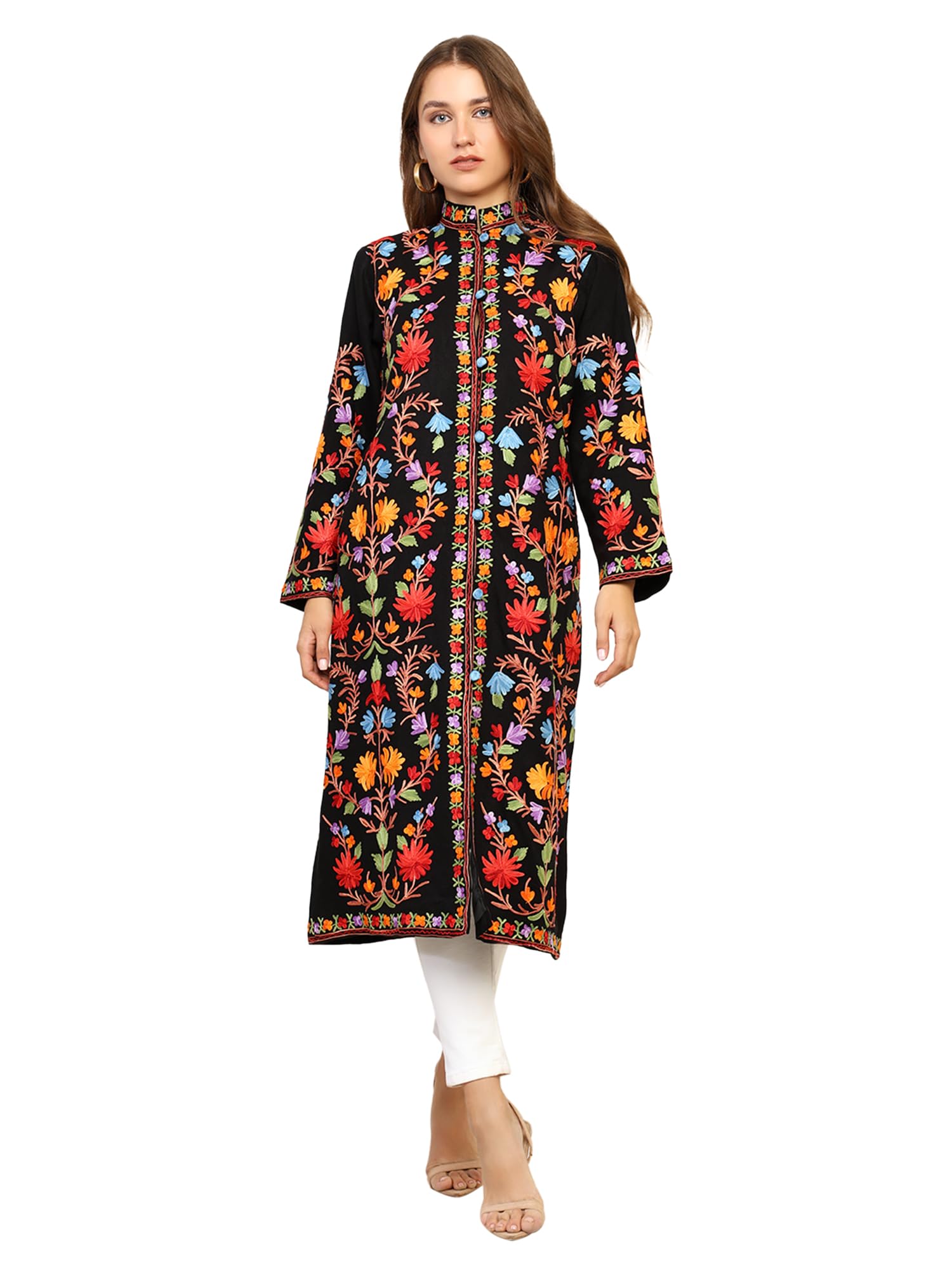 craftbazar Women's Kashmiri Embroidered Woolen Black allover Long Coat-picture-14