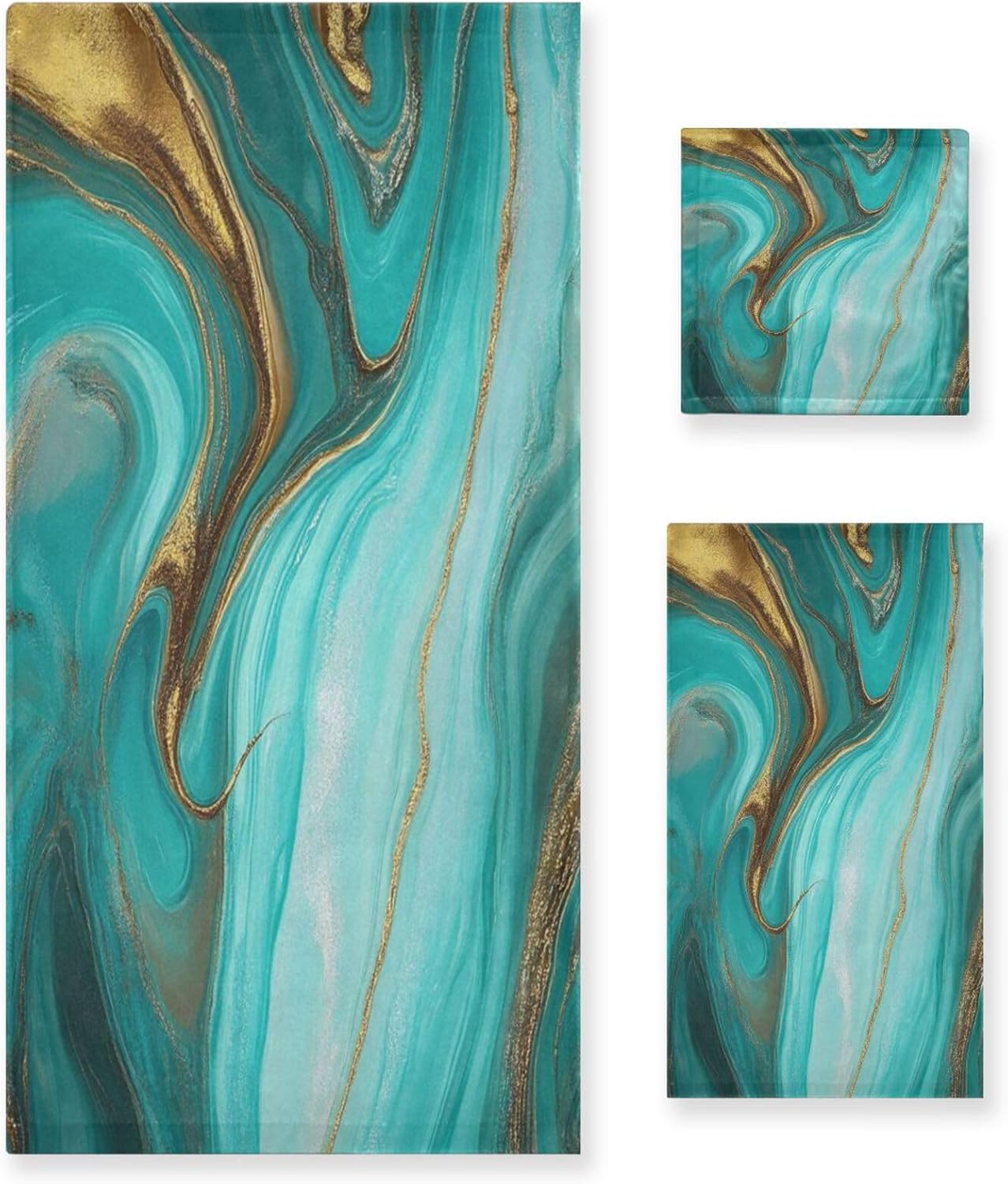 Teal Turquoise Marble Towel Set 3 Pcs Gold Blue Marbling Stone Bath Hand Towels Washcloth Soft Thin Durable Towel Multipurpose for Home Bathroom Hotel Gym Swim Spa Decor