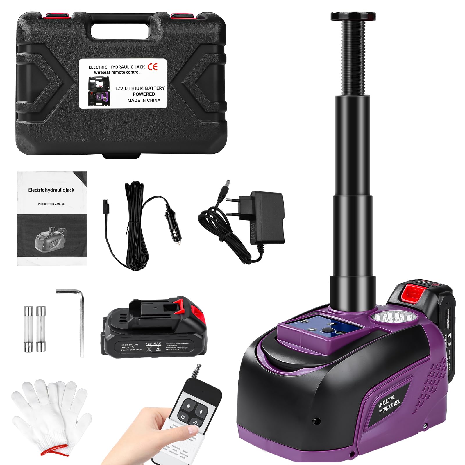 Cric elettrico 5T con batteria 21V 4,0Ah, telecomando e luce LED, altezza di sollevamento da 16,5-45cm, set di cric idraulico per auto/SUV/camion, per cambio pneumatici di emergenza e riparazioni in