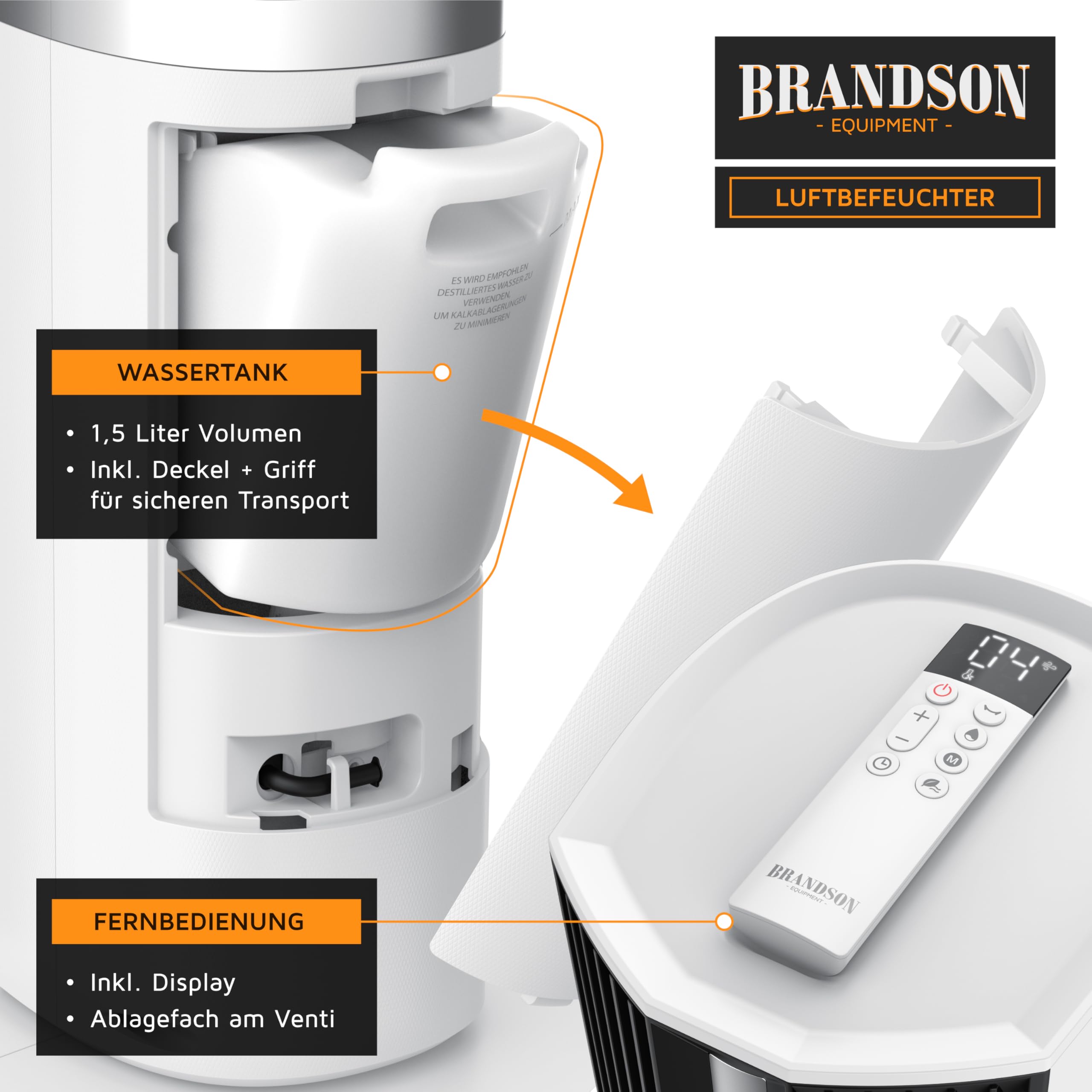 Brandson - mobiles Klimagerät inkl. Luftbefeuchter - Sieger Ventilatoren und Luftkühler 2026 - Turmventilator mit Wasserkühlung - DC Motor sehr leise – 12 Geschwindigkeiten - Fernbedienung