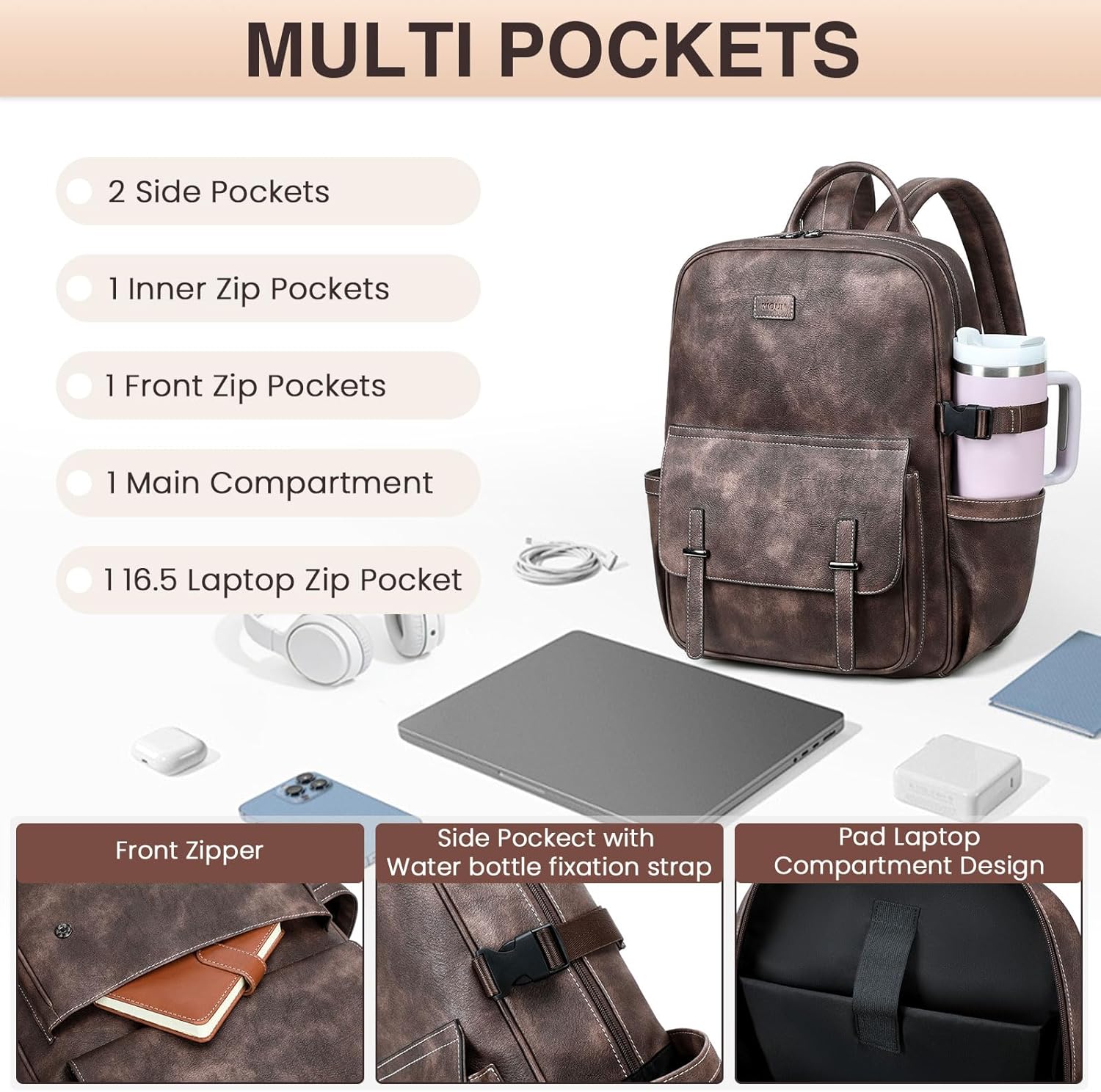 Vegan Leather Laptop Backpack for Women Designer 15.6 Inch PU Laptop Bag, Ladies Travel Computer Work Backpack