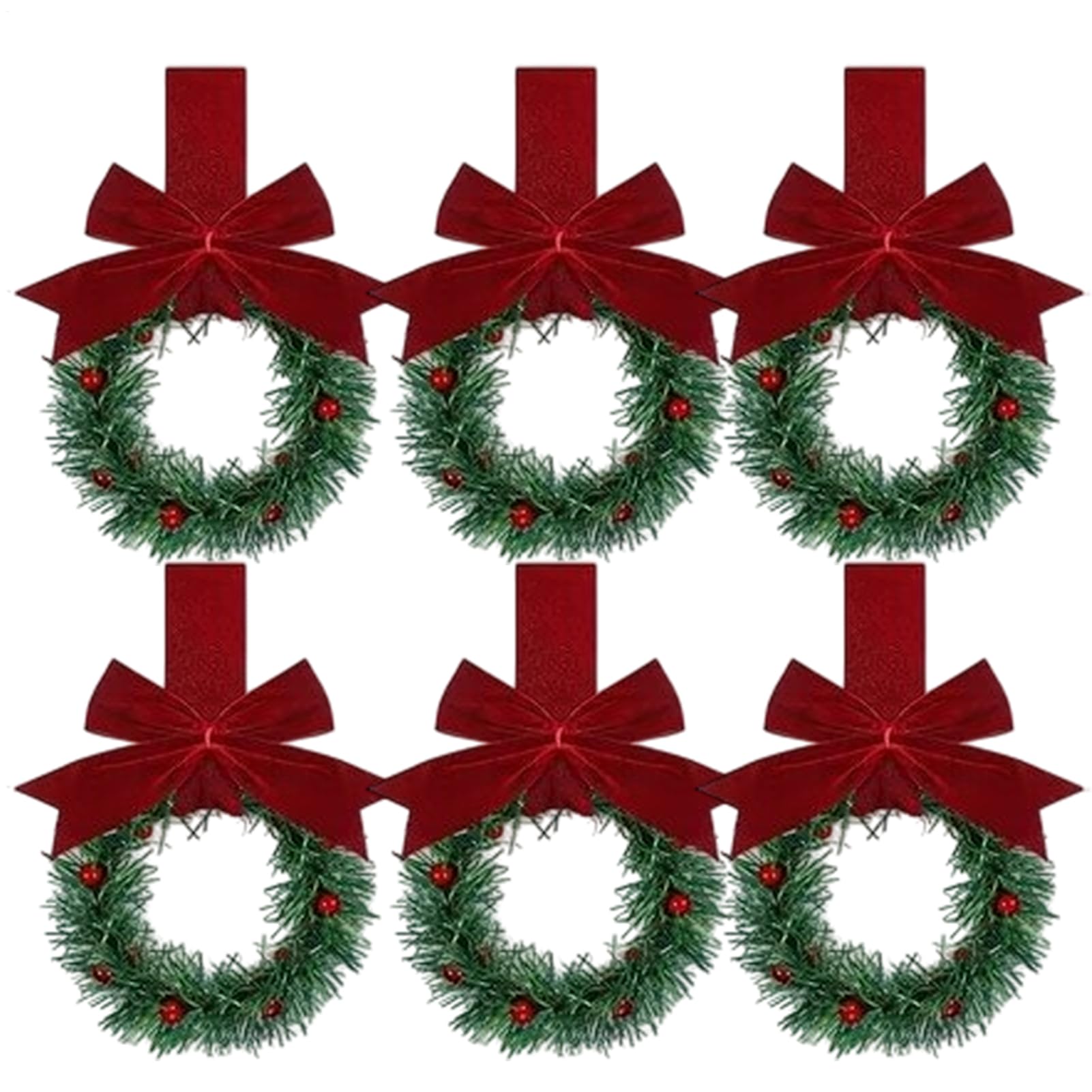 6pieces Small Christmas Wreath, Mini Christmas Wreaths For Kitchen Cabinets, Artificial Greenery Wreaths With Bows Ornaments For Fireplace Window Farmhouse Indoor Home Holiday Decorations