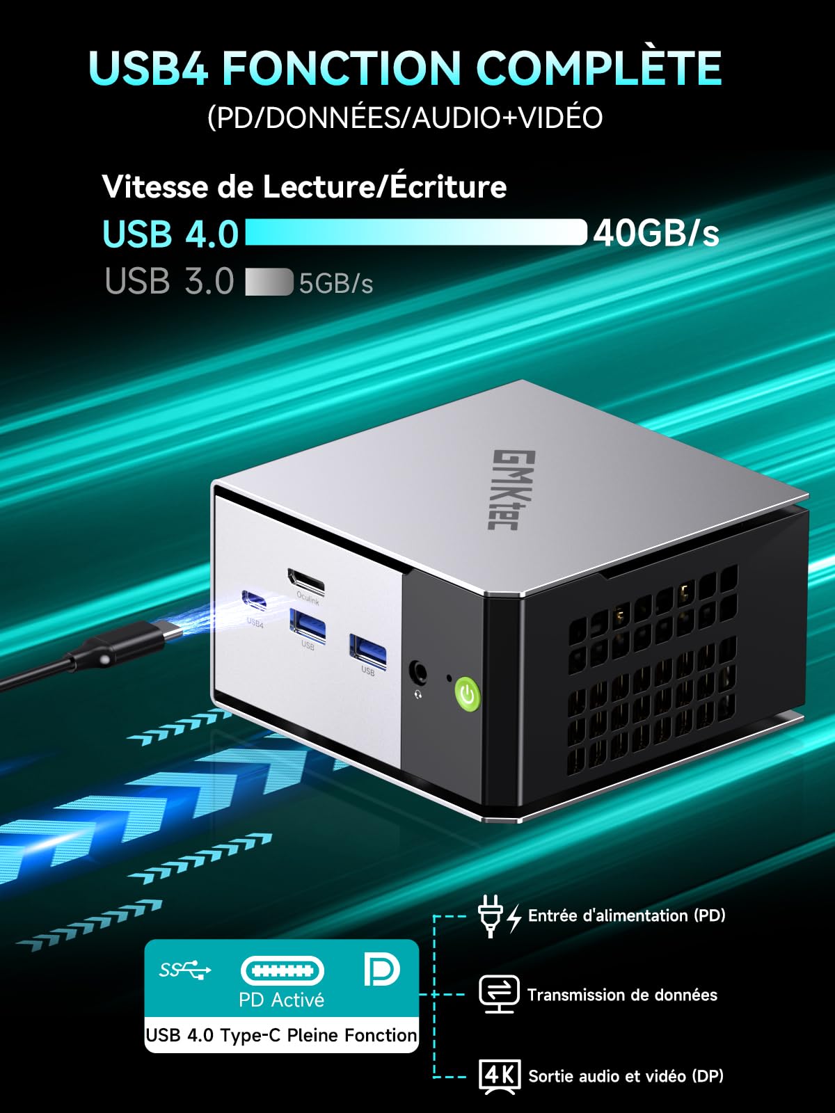 GMKtec M8 Mini PC Ryzen 5 Pro 6650H (Battre 7430U/5825U, 6C/12T jusqu'à 4.5GHz), Dual 2.5GbE LAN, 16Go LPDDR5 RAM+512Go SSD PCIe3.0 NVME Mini-PC, Oculink, USB4, USB-C, WiFi 6E pour Bureau Gaming