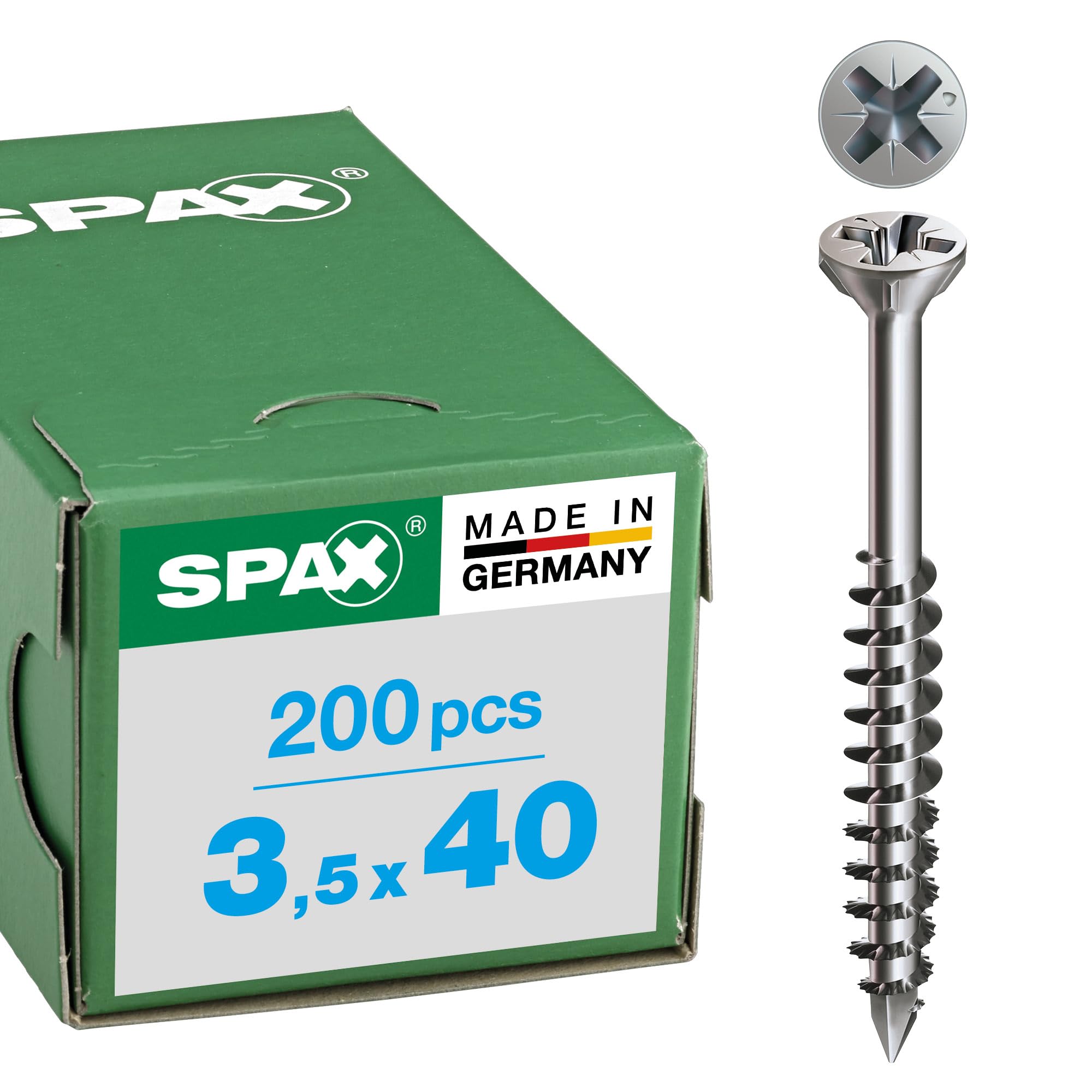 SPAX Glasleistenschraube aus Edelstahl rostfrei A2, 3,5 x 40 mm, 200 Stück, Kreuzschlitz Z2, Senkkopf mit Fräsrippen, Teilgewinde, CUT-Spitze, 35703503401002