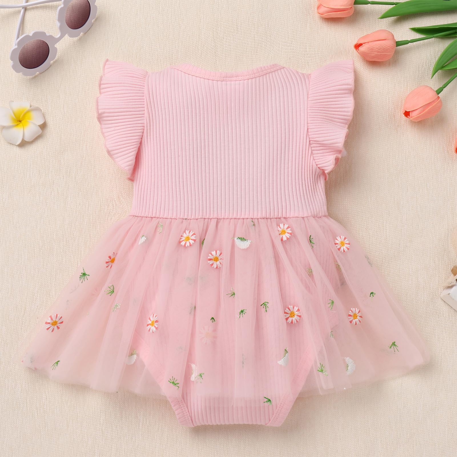 Odizli Vestito per bambine per il primo compleanno, con maniche svolazzanti, in maglia a costine, con tulle ricamato + fascia per capelli per servizio fotografico