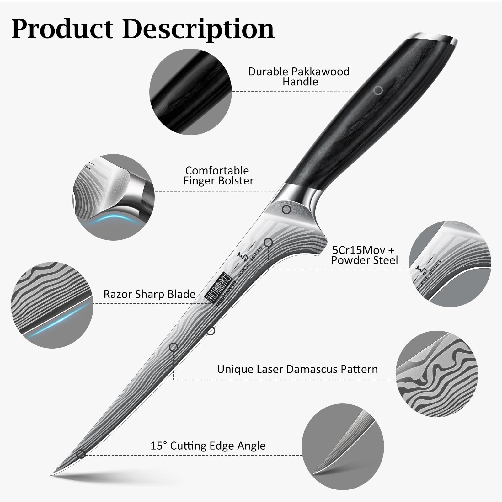 HOSHANHO 18cm Filetiermesser Küchenmesser aus Hochwertigem Edelstahl, Kochmesser Profi Fischfiliermesser für Fisch und Fleisch, Fischmesser mit scharfe Klinge & Pakkaholz Griff