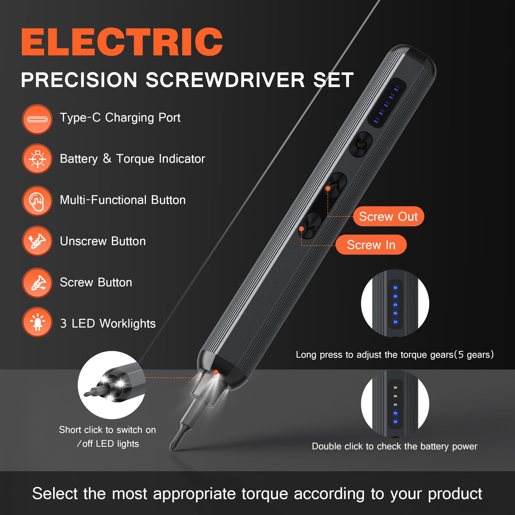 Set di cacciaviti elettrici 138 in 1, kit di cacciaviti di precisione senza fili, punte magnetiche per riparazione iPhone, PC, elettronica RC, orologio portatile (nero + arancione)