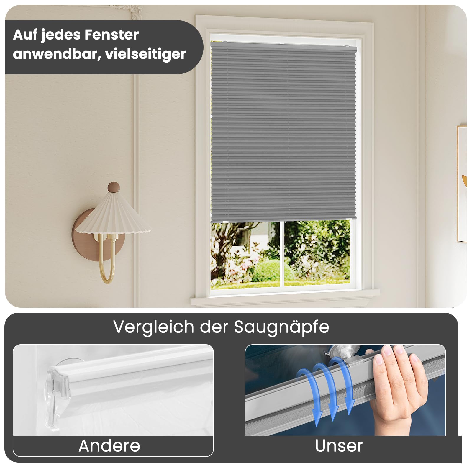 WOLTU Tenda Plissettata Senza Foratura con Ventose, Tenda a Pieghe Interna Semitrasparente per Protezione Solare, Adatta per Finestre Comuni, Lucernari e Portefinestre, 75x120 cm, Grigio