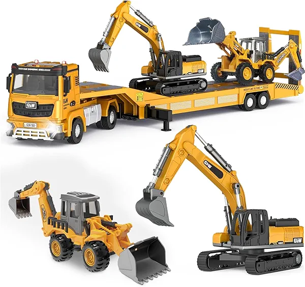 Construction Carrier Trucks Toy Set – Alloy Inertia Driving 1:40 & 1:55 Simulation Model Vehicles Toys, Including Excavator, Double Arm Excavator – Gifts for Ages 3-8, Boys and Girls