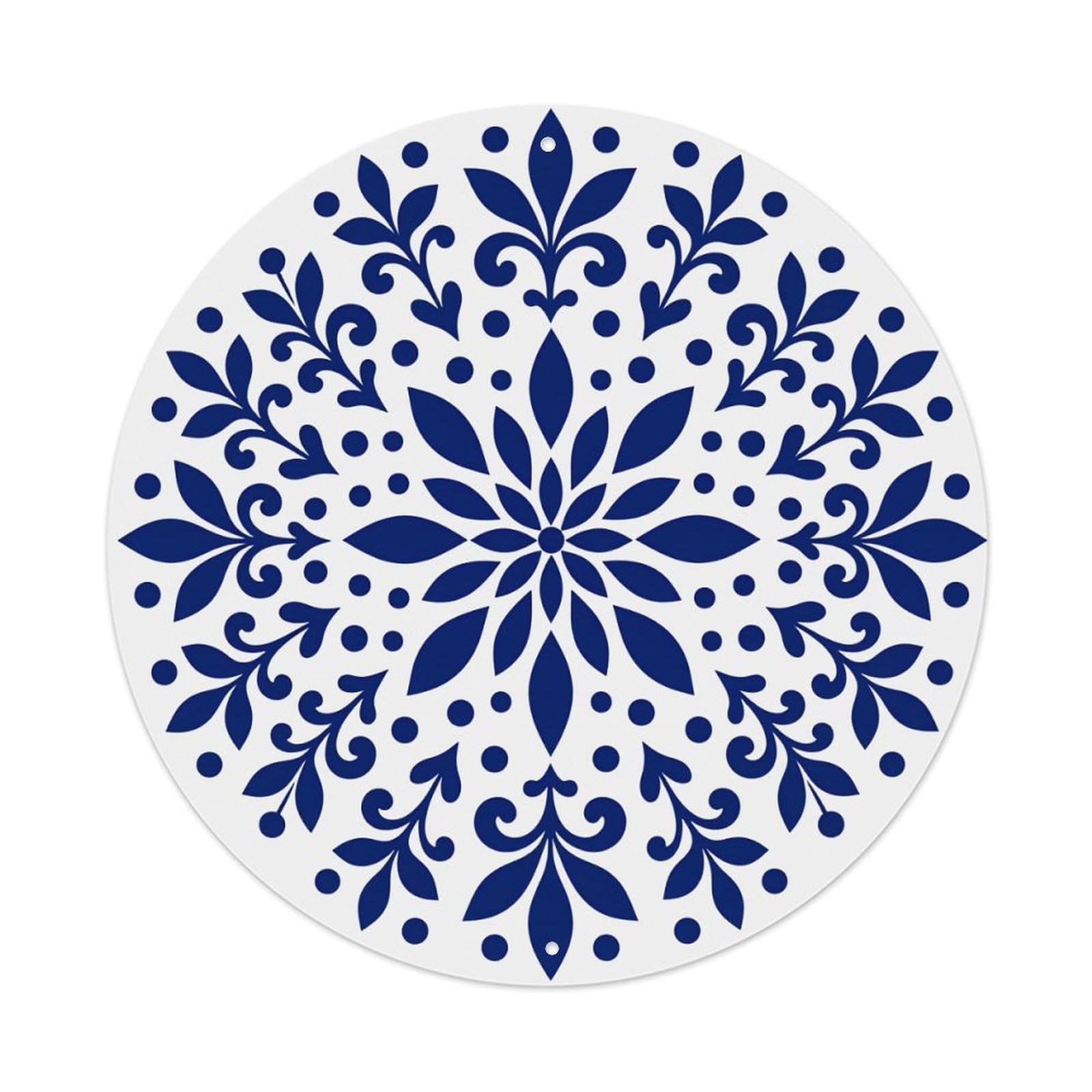 Blue Floral Mandala Pattern With Leaves And Dots Round Vintage Tin Sign,Retro Wall Art,Metal Poster for Home, Bar, Garage, Cafe, Rustic Indoor & Outdoor Decor, 8x8 Inches