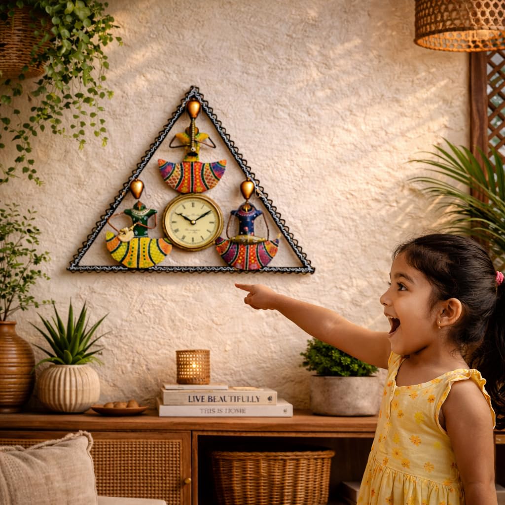 ROYAL CRAFTS Handcrafted Tribal Musician Wall Clock Metal Triangle Frame Decorative Wall Hanging with Traditional Art Design for Living Room Home Décor Multicolor 2
