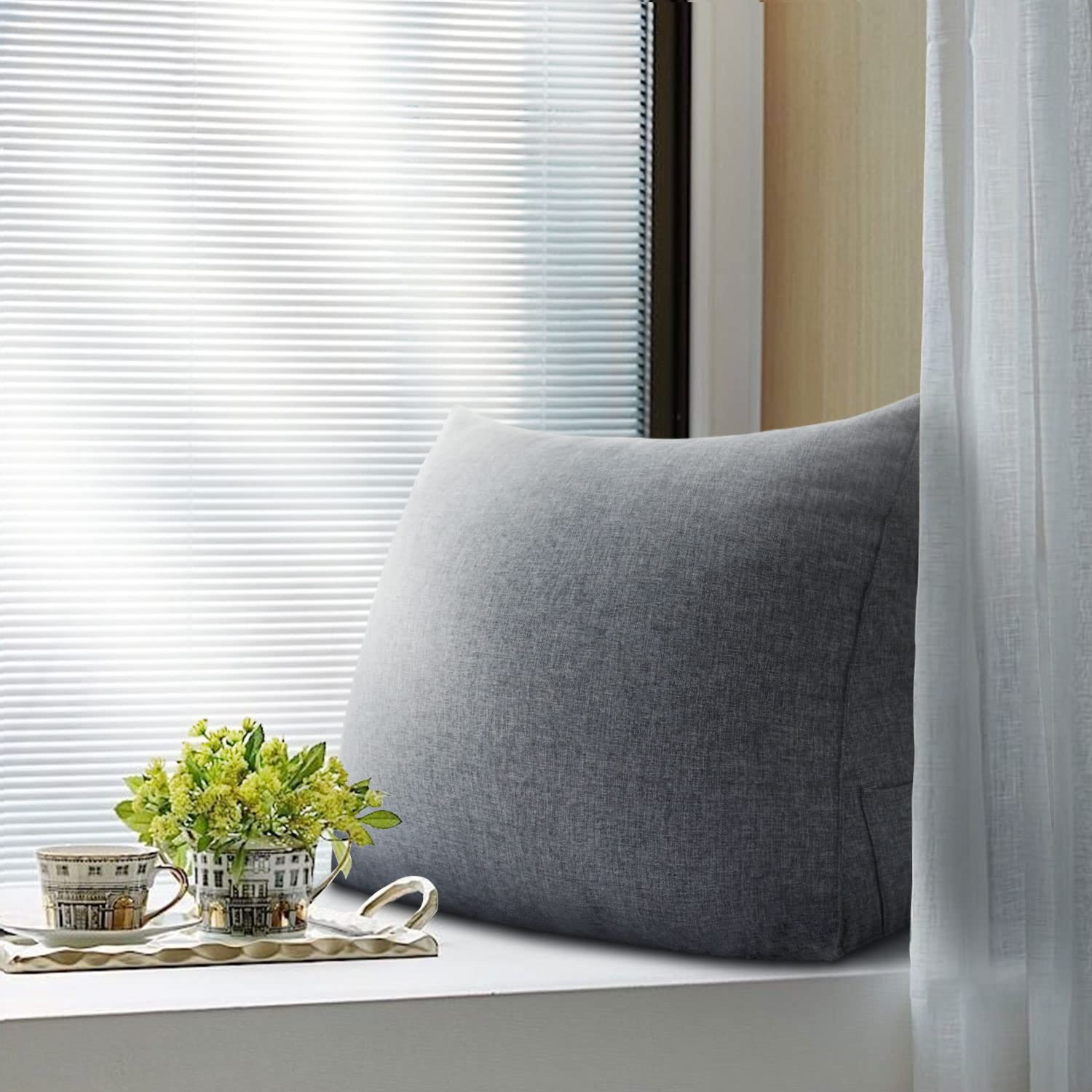 Johnear Keilkissen mit Seitentasche – Orthopädisches Rückenkissen für Bett & Sofa, Dreieckiges Lesekissen als Stützkissen für Lendenwirbel, Nacken & Bücher （Grau 2，45cm）
