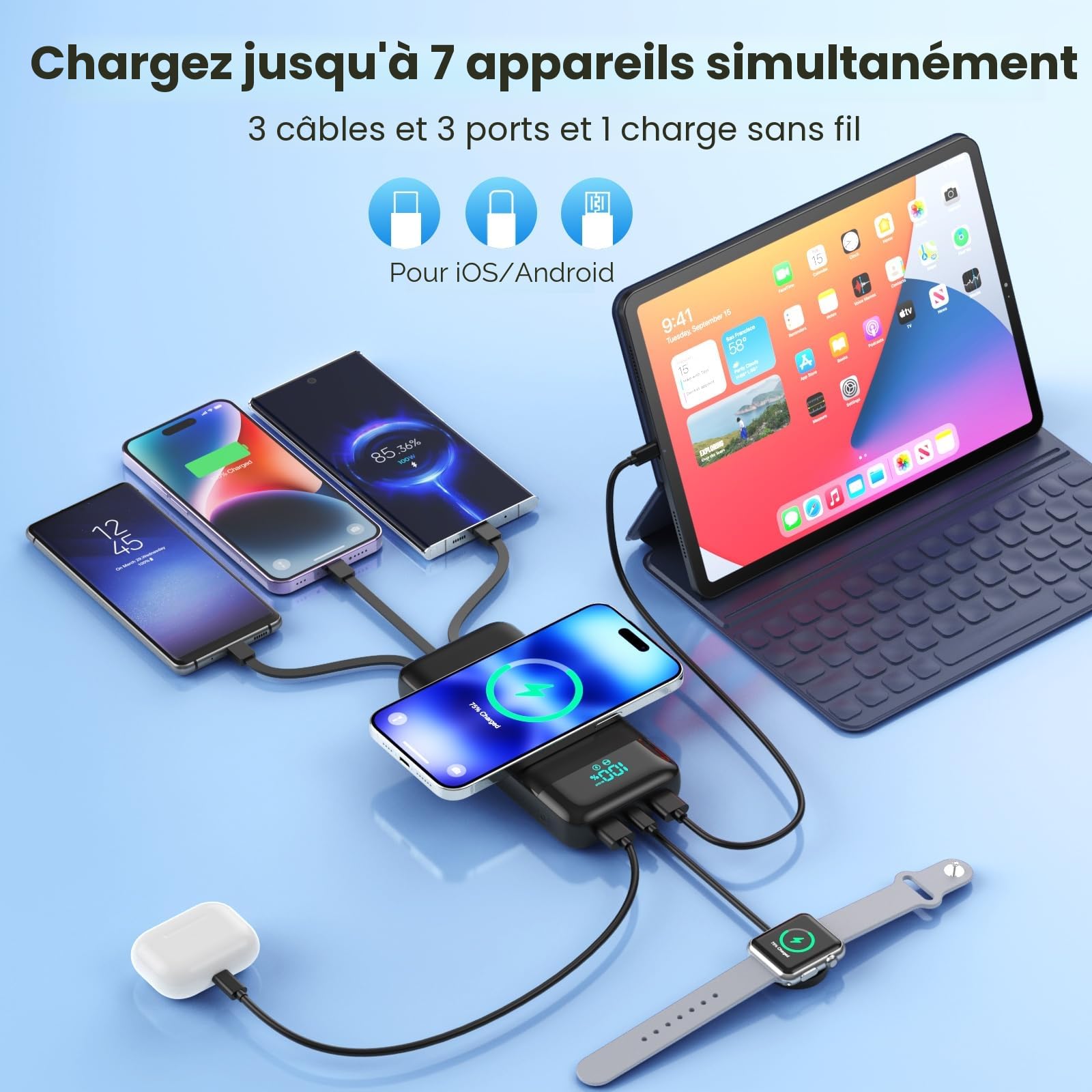 Batterie Externe sans Fil 26800mAh, 7 en 1 Powerbank Fast Charging avec 3 Ports et 3 câbles, 25W PD3.0+QC4.0 Chargeur Externe Portable avec écran LCD Compatible avec iPhone Huawei Samsung Xiaomi