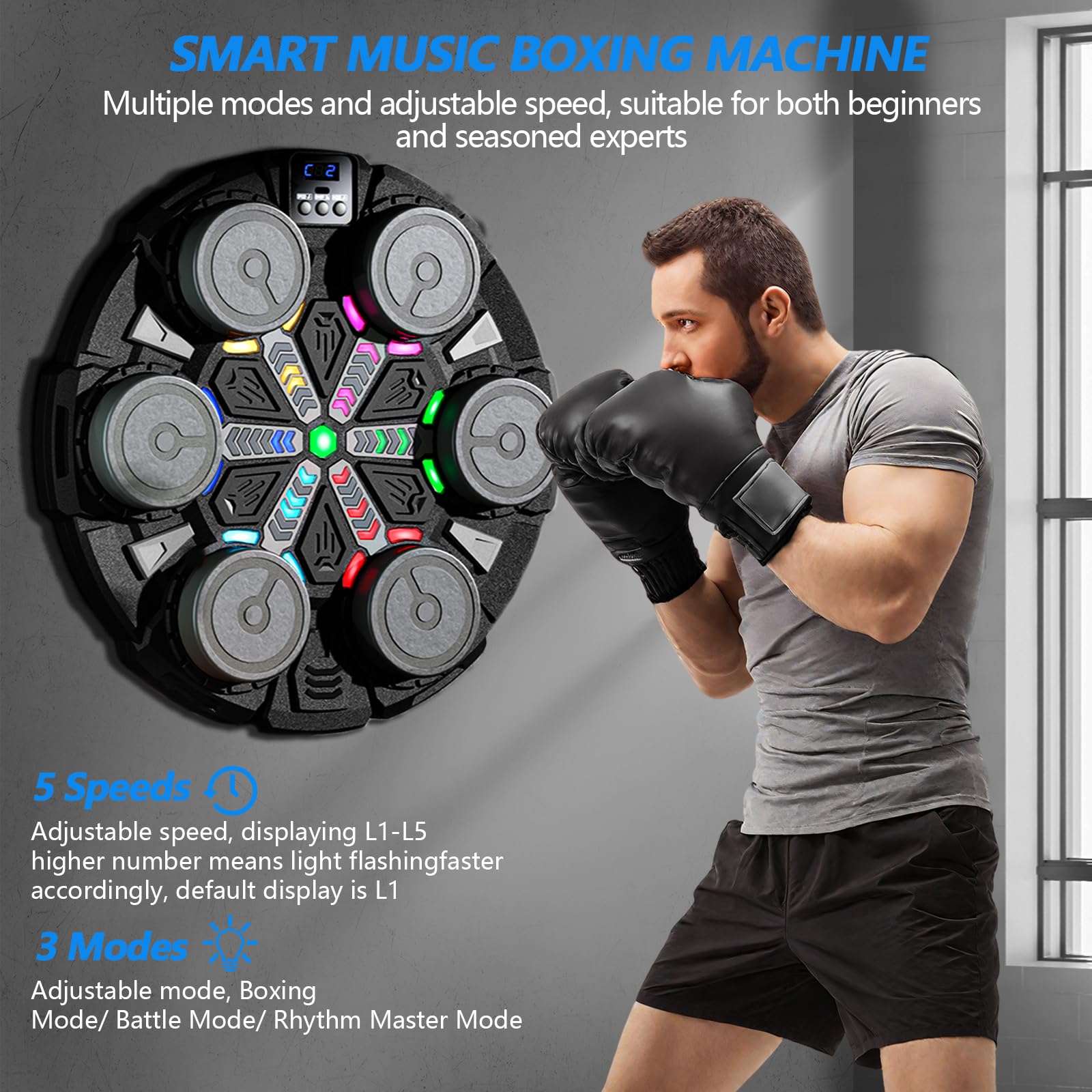 ROCKY&CHAO Music Boxing Machine Boxautomat – Wandmontierte LED Boxmaschine mit Musik & Bluetooth- & Spielmodi, Reaktionstraining & Boxtraining für Zuhause, mit Boxhandschuhen