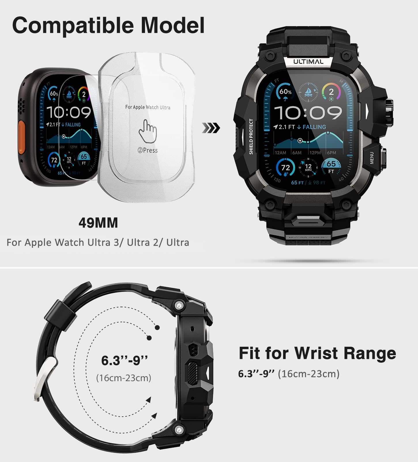 ULTIMAL Etui z paskiem i folią pancerną do Apple Watch 49 mm, 3 w 1, sportowy pasek do Apple Watch Ultra/Ultra 2, certyfikat wojskowy, odporny na uderzenia pokrowiec ochronny do iWatch