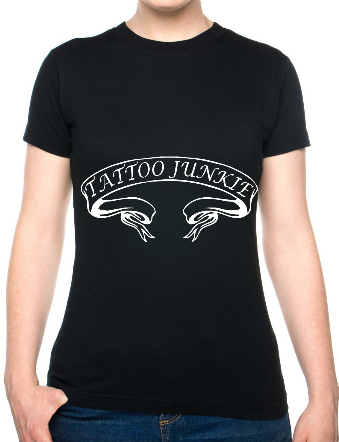 Print4U Tattoo Junkie Ladies T-Shirt Ladies Fit Small Black