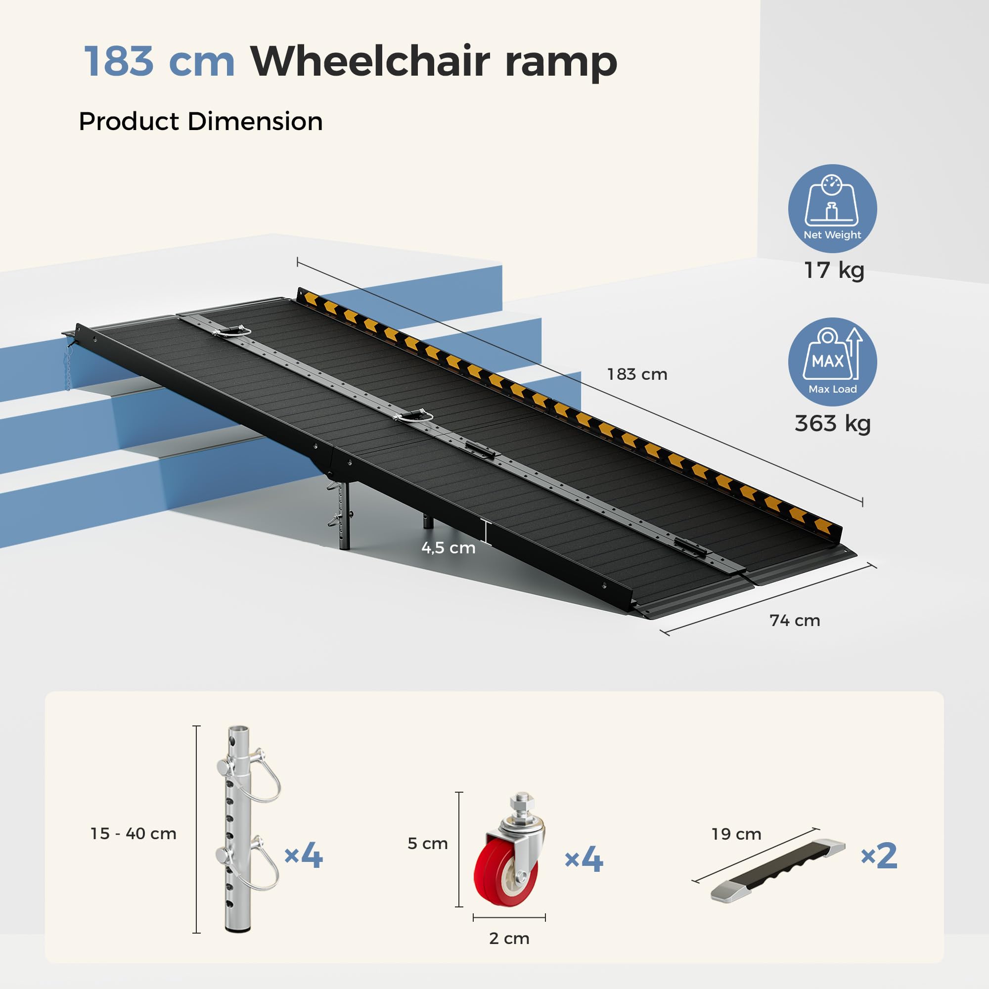 Rampa dla wózków inwalidzkich z 4 regulowanymi dolnymi nogami, składane rampy do wózków inwalidzkich, wytrzymały stop aluminium, nośność 363 kg, potrójna antypoślizgowa konstrukcja, idealna do drzwi