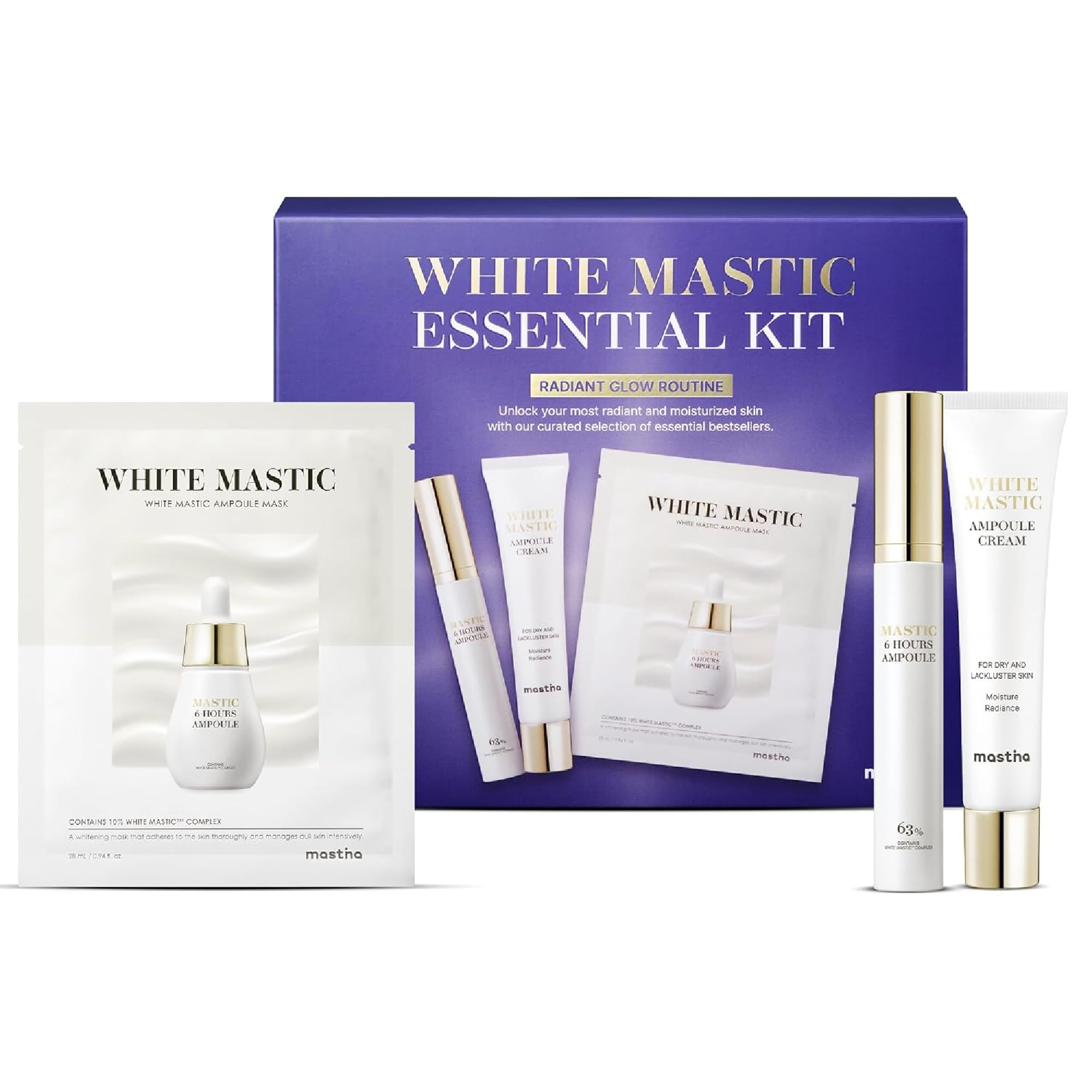 MASTINA White Mastic Essential Skin Care Set- Cream, Ampoule Massager Roller Stick & Sheet Mask Set for Skin Care. Korean Skin Care. Vegan Collagen, Beta-Glucan