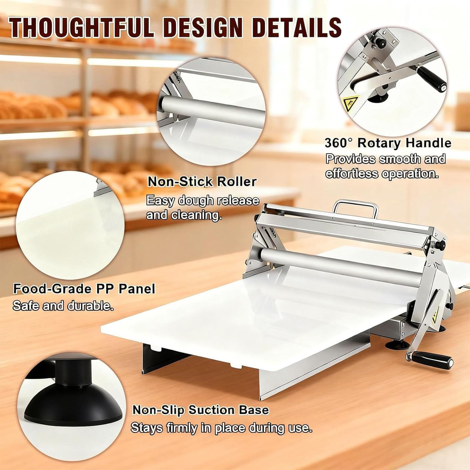 Laminadora de Masa Manual compacta con Manivela Grosor Ajustable. MáQuina para Hacer Croissants Pasteles Laminados Equipo PanaderíA Comercial Grosor Ajustable