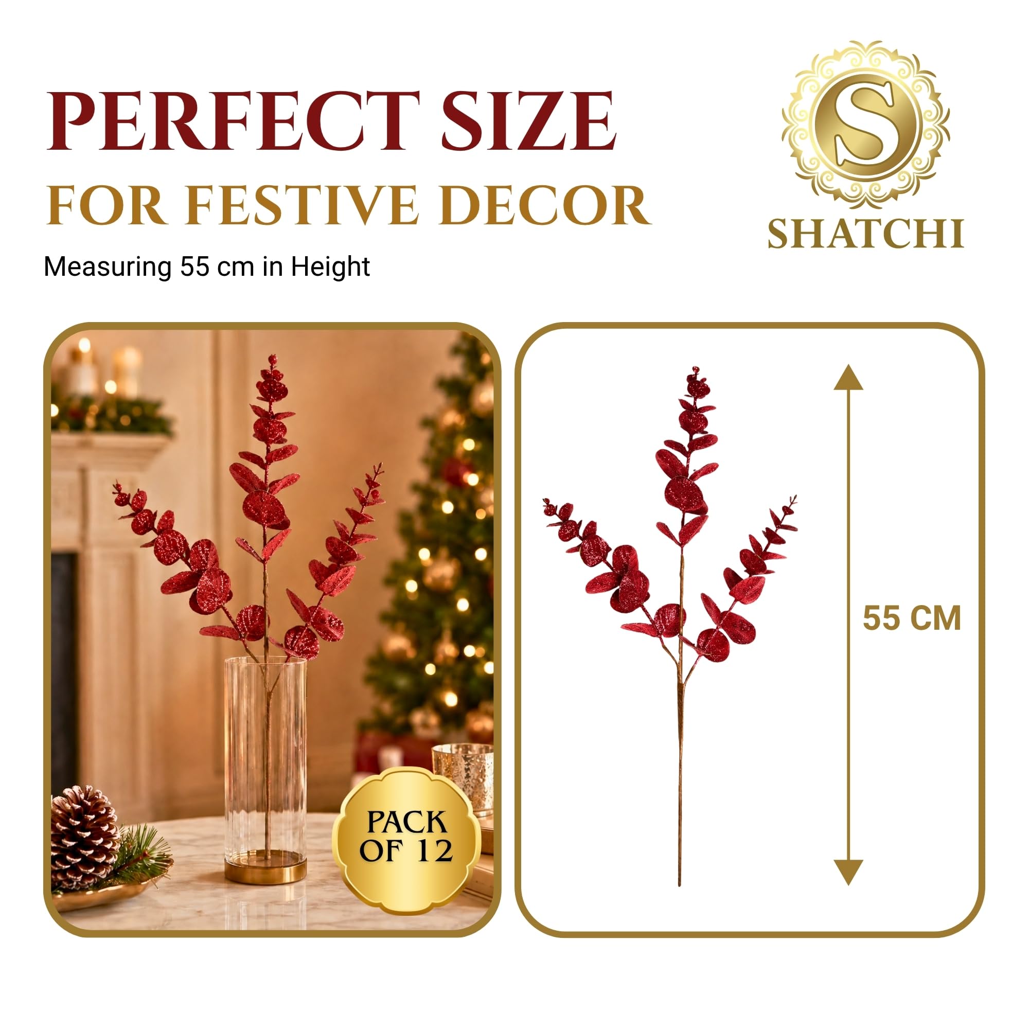SHATCHI Albero di Natale con steli di eucalipto, picconi artificiali, 55 cm