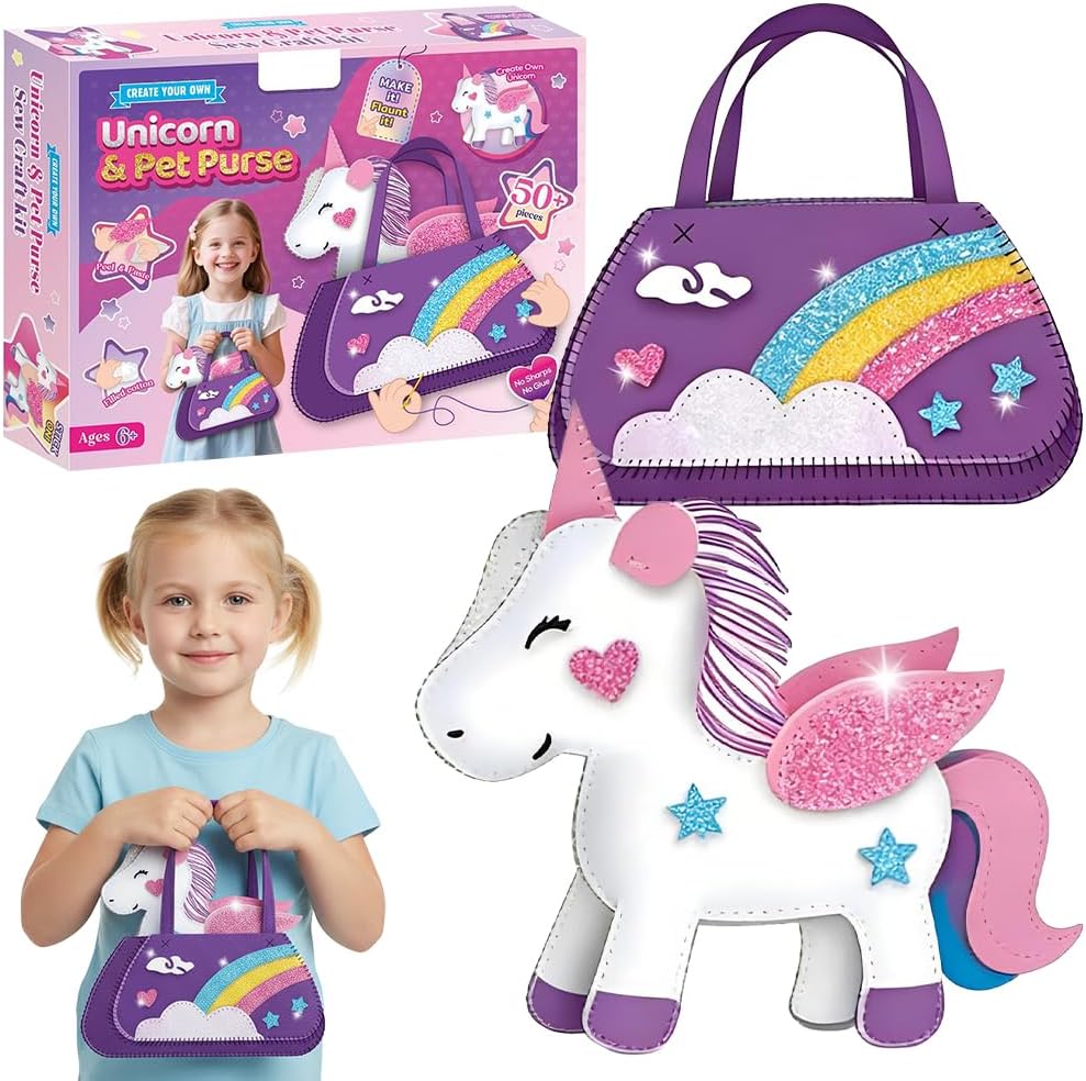 PATPAT® DIY Felt Purse Bag Cartoon Dreamy Purple Unicorn Girls Handbag Craft Kit with Pre-Cut Felt Panels & Tools, Fine Motor Skill Activity, Hands On Art Craft DIY Handbag Craft Gift.