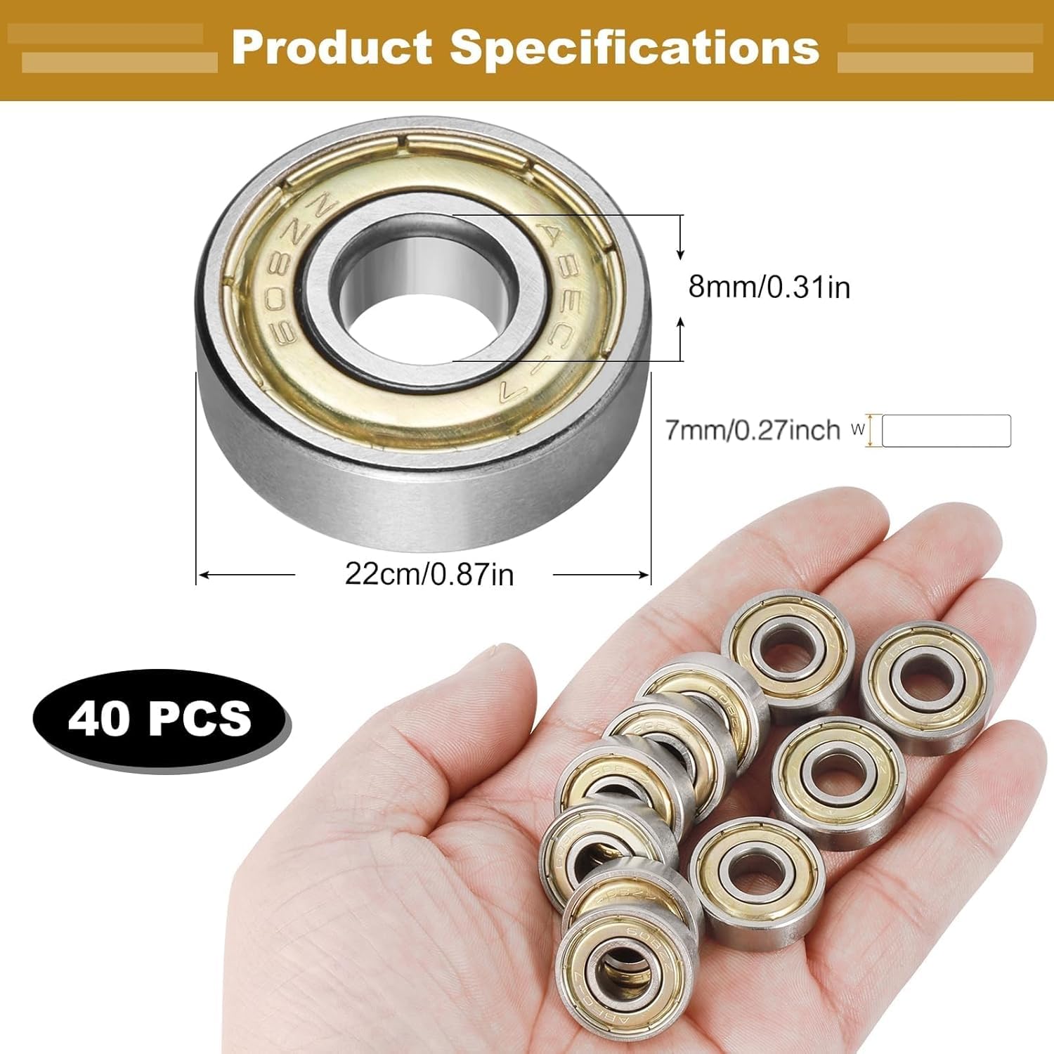 40 Packs 608zz Ball Bearing, Longboard Roller Skate Bearing, 608