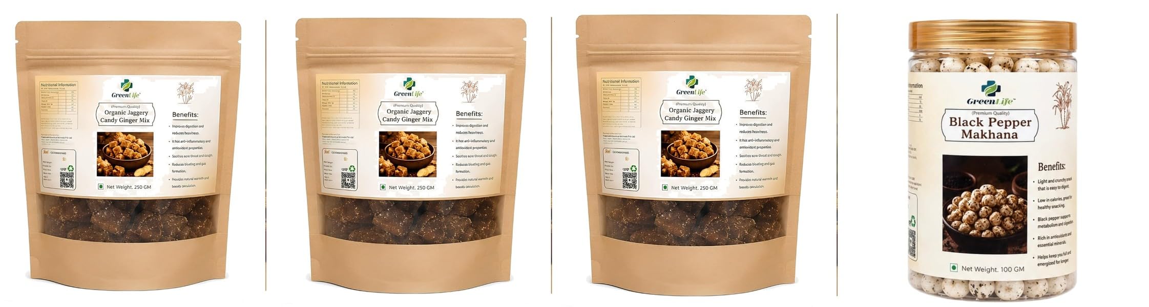 Organic Plain Jaggery Candy 500g | Natural Desi Gur | Chemical Free Traditional Sweet Treatpack of 3Black Pepper Makhana | Roasted Fox Nuts | 100g | GreenLife Combo | Total Wei-image-39