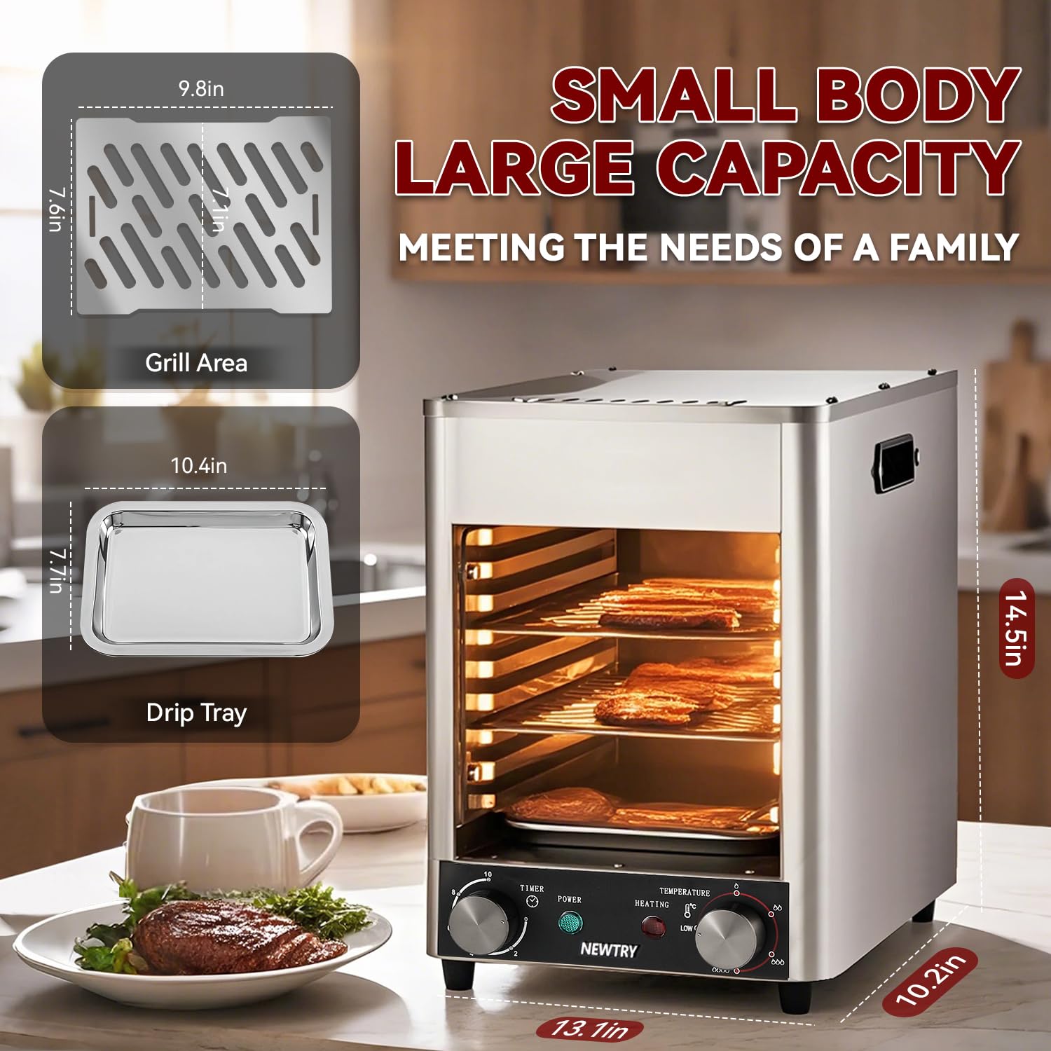 NEWTRY 1700W Electric Steak Broiler Indoor Steak Grill Automatic Steak Smoker Broiler Gas-Free Time Temperature Adjustable for Beef Chicken Vegetables 110V US